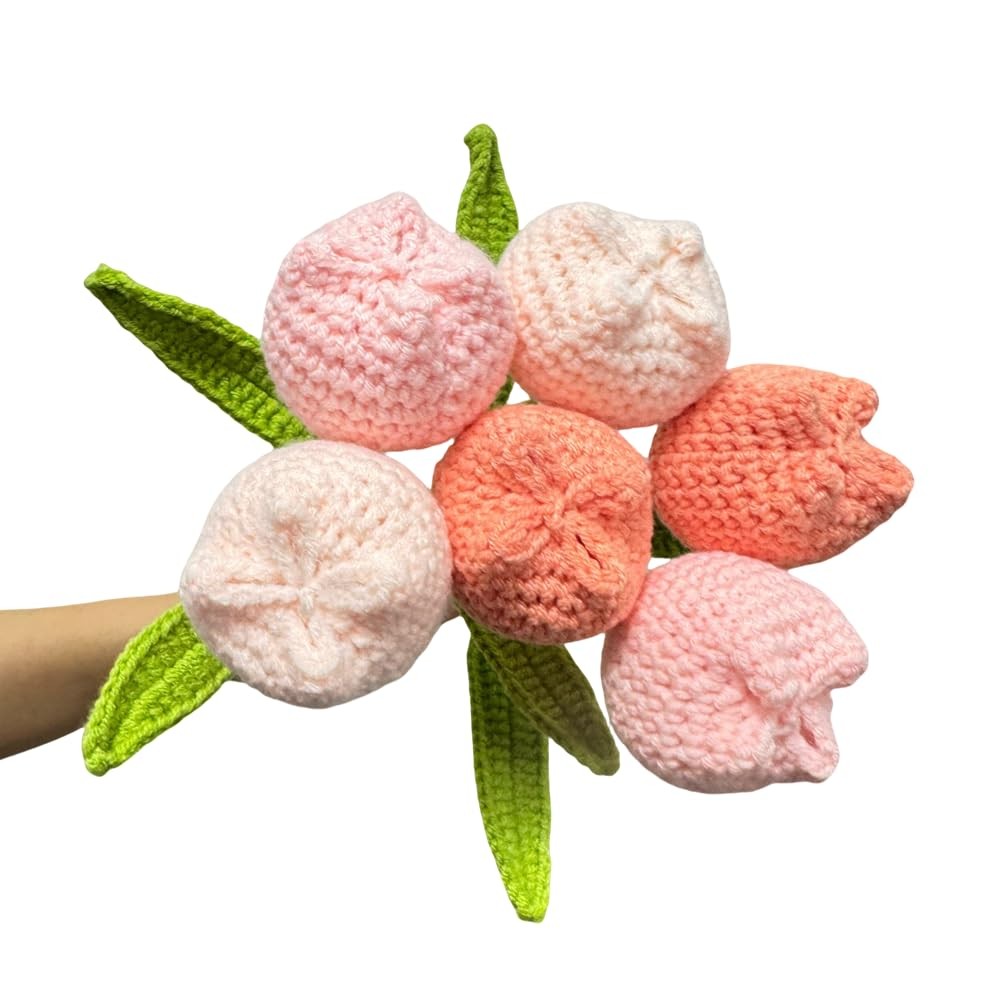 6 pcs Crochet Flower Tulip Bouquet,15″ Finished Hand-Woven Bouquets, Fake Flo…