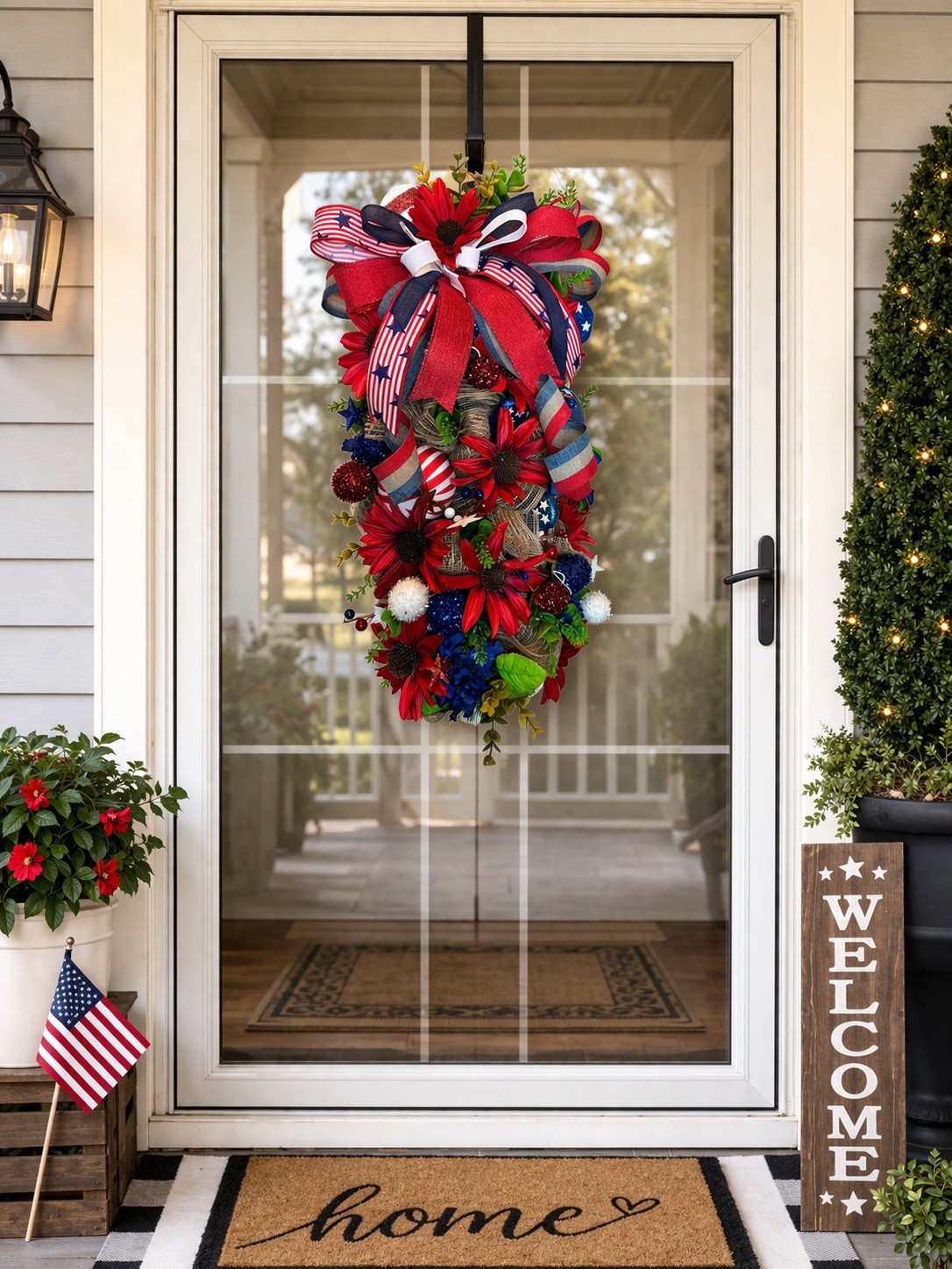 Patriotic Swag Wreath Red White Blue 4th July Door Decor Americana Bow