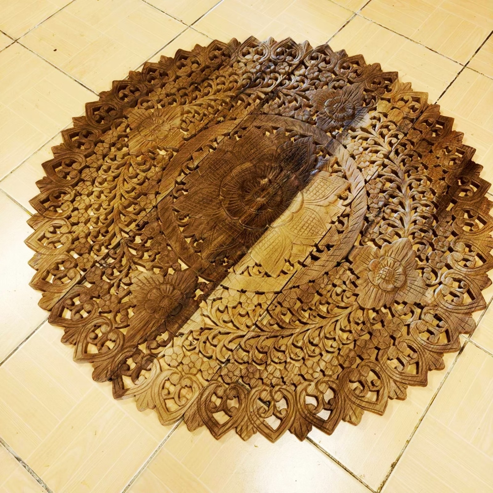 36″ Natural Brown Wood Mandala Wall Art Hand Carved Rain Tree Tropical Decor #F