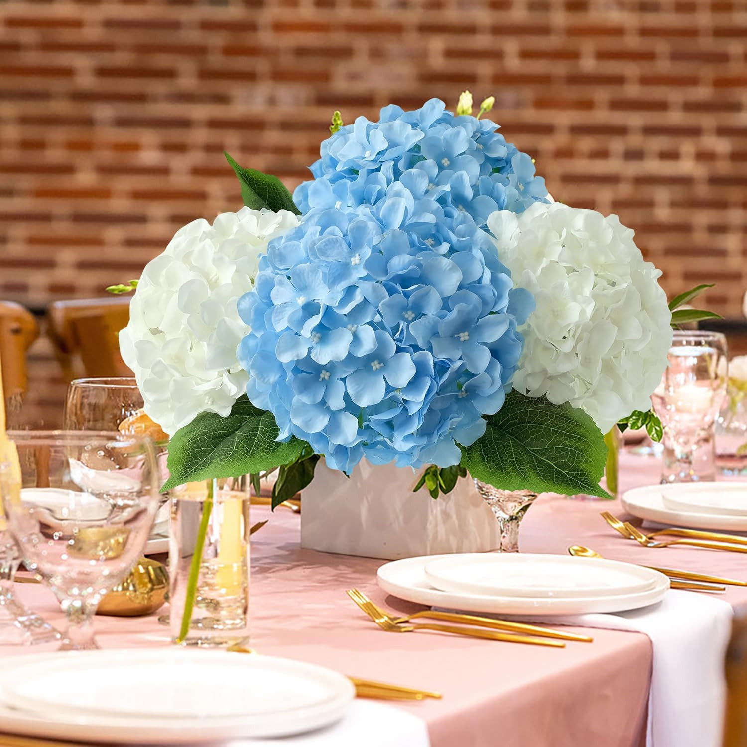 Blue Flowers Hydrangea Artificial Flowers, 5Pcs 20Inch Large Lifelike Silk Artif