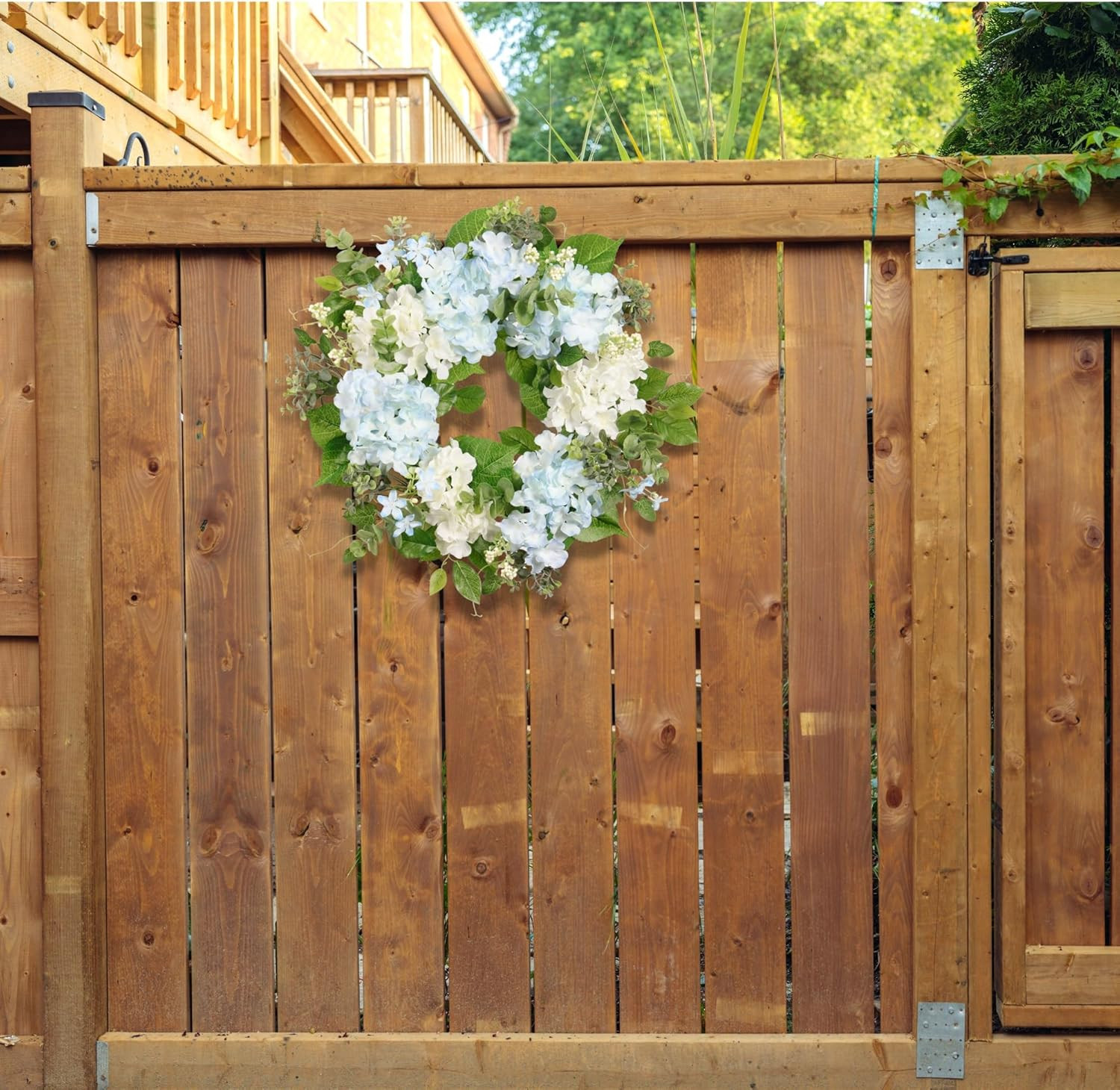 Artificial Hydrangea Eucalyptus Wreath, 20″ Light Blue Green Spring Decor