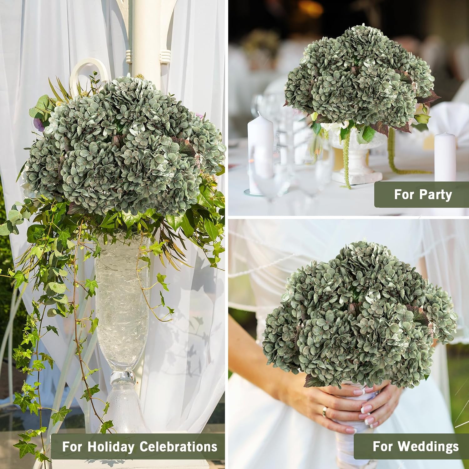 Green Artificial Silk Hydrangea Flowers for Fall Decor – 8 Pcs Bouquet