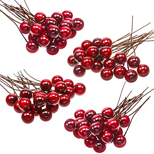 Artificial Holly Berries, 100 Pieces Mini 10 mm Fake Berries Decor on Wine Red