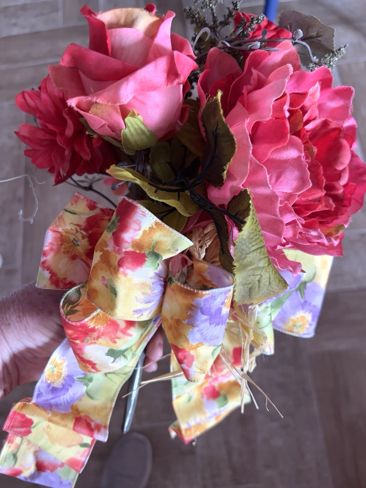 SPRING Flower BOUQUET Handmade Bow Coral Red Yellow Purple Peony Rose Zinnia