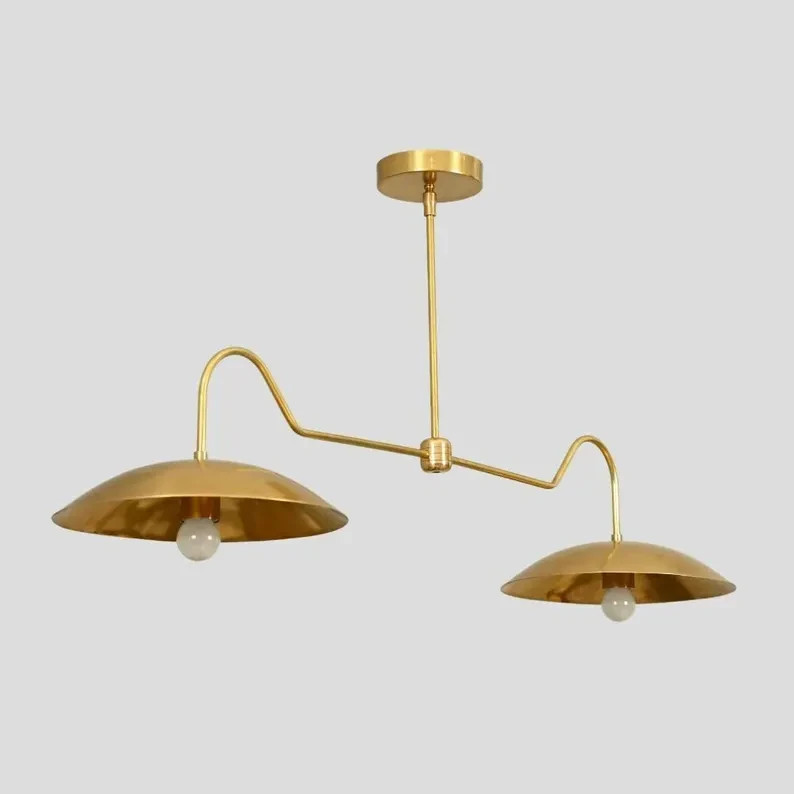 Linear Double Shade Brass Chandelier, Italian Style Mid Century Modern Brass Cei