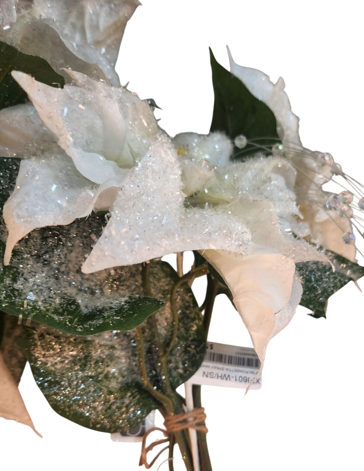 White Glitter Poinsettia Artificial Flowers With Crystal Bead Accents 4 Stems &
