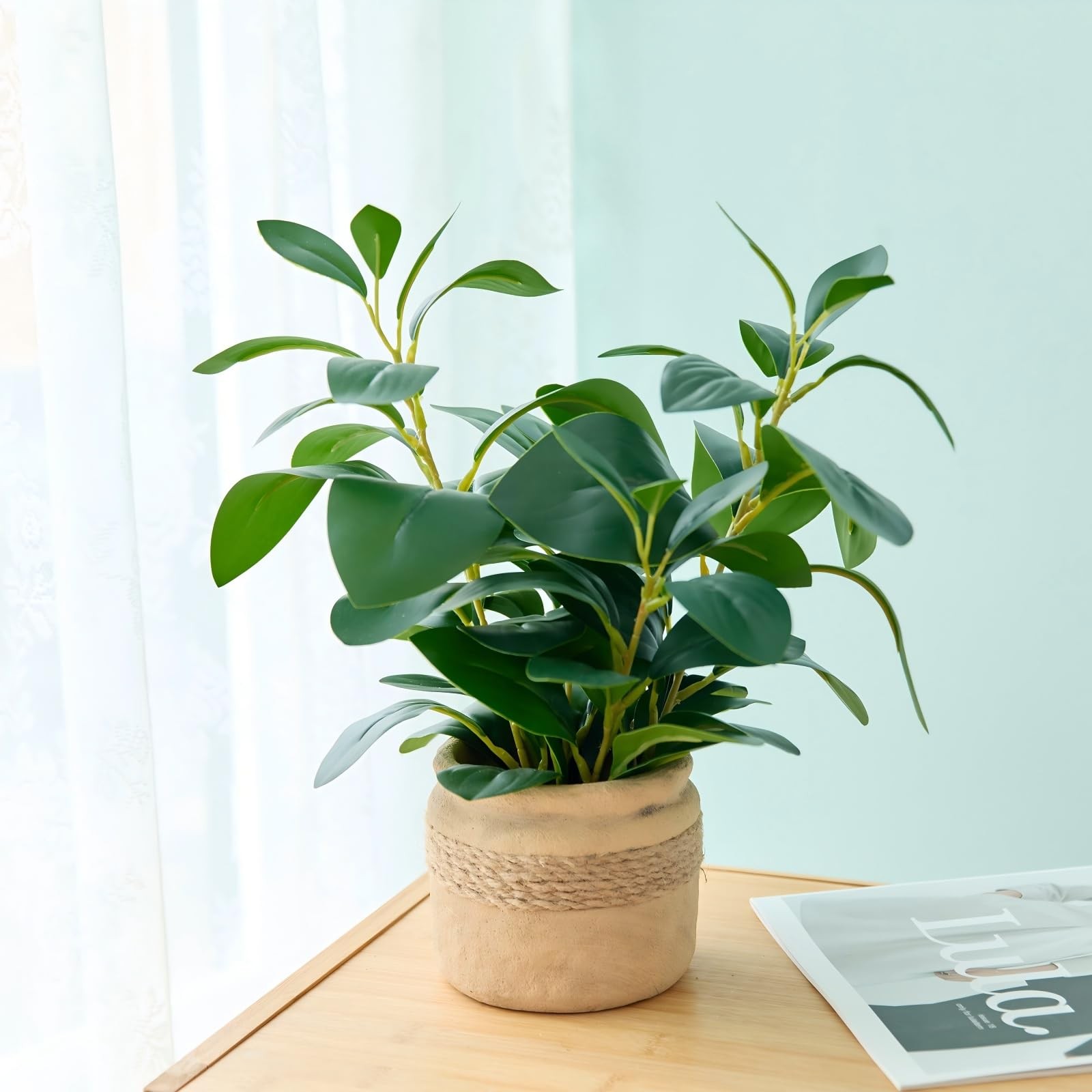 Artificial Fake Plant Potted 12.8 Inch Small Faux Ficus Yellow Planter