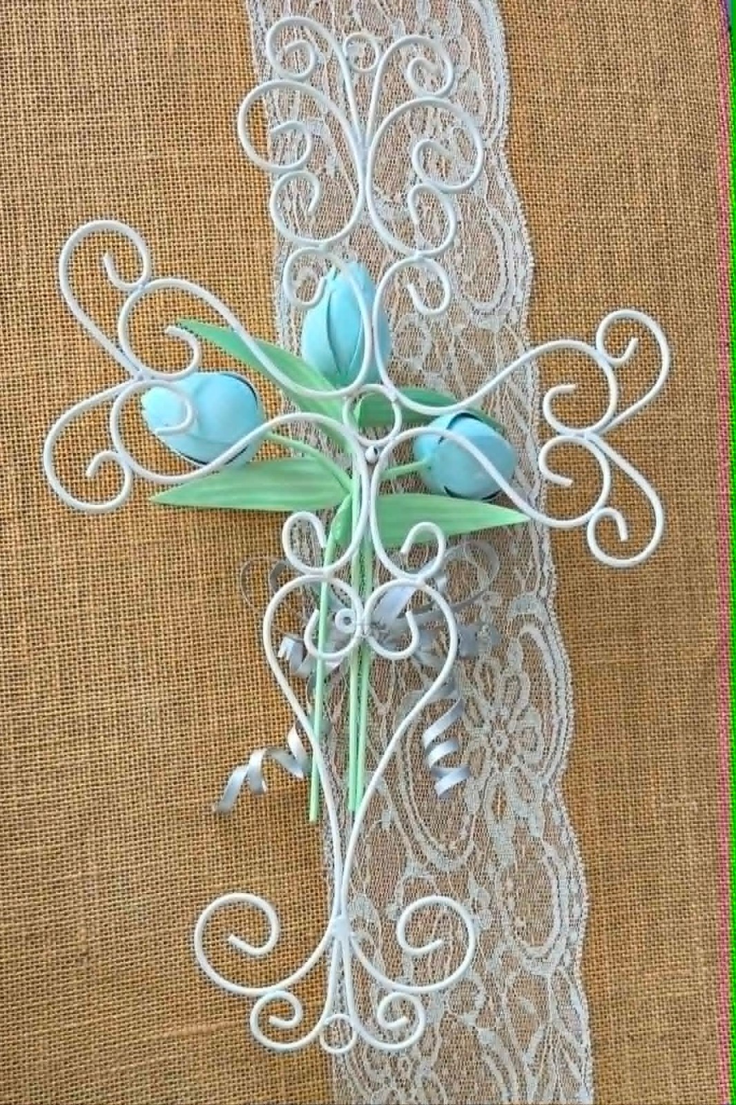 VTG Metal Art Curled Wire Cross w/Blue Tulips & Silver Bows Wall or Door Decor