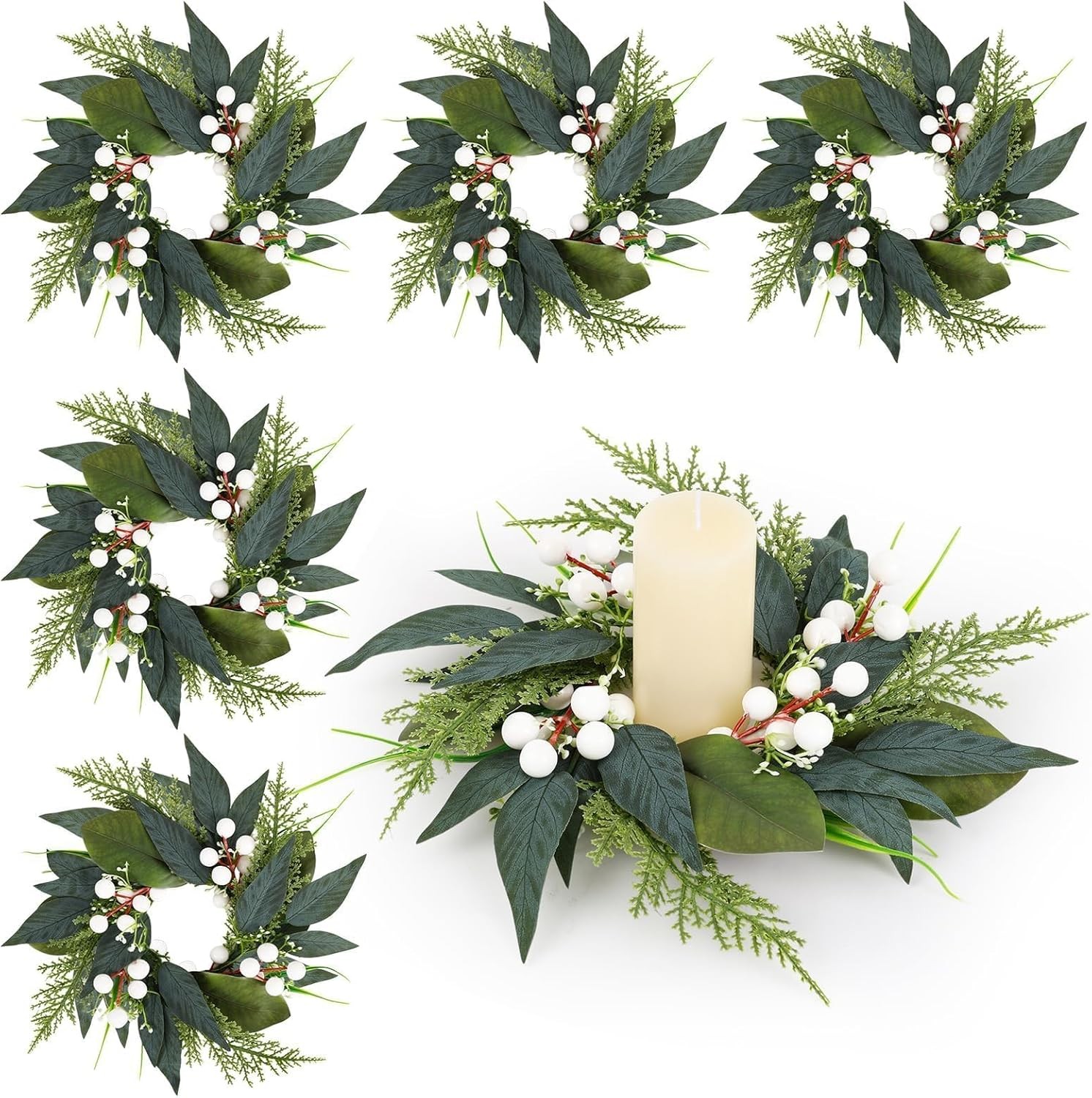 6 PCS 3 Inch Spring Summer Candle Rings Wreaths Mini Green Candle Rings Wreath