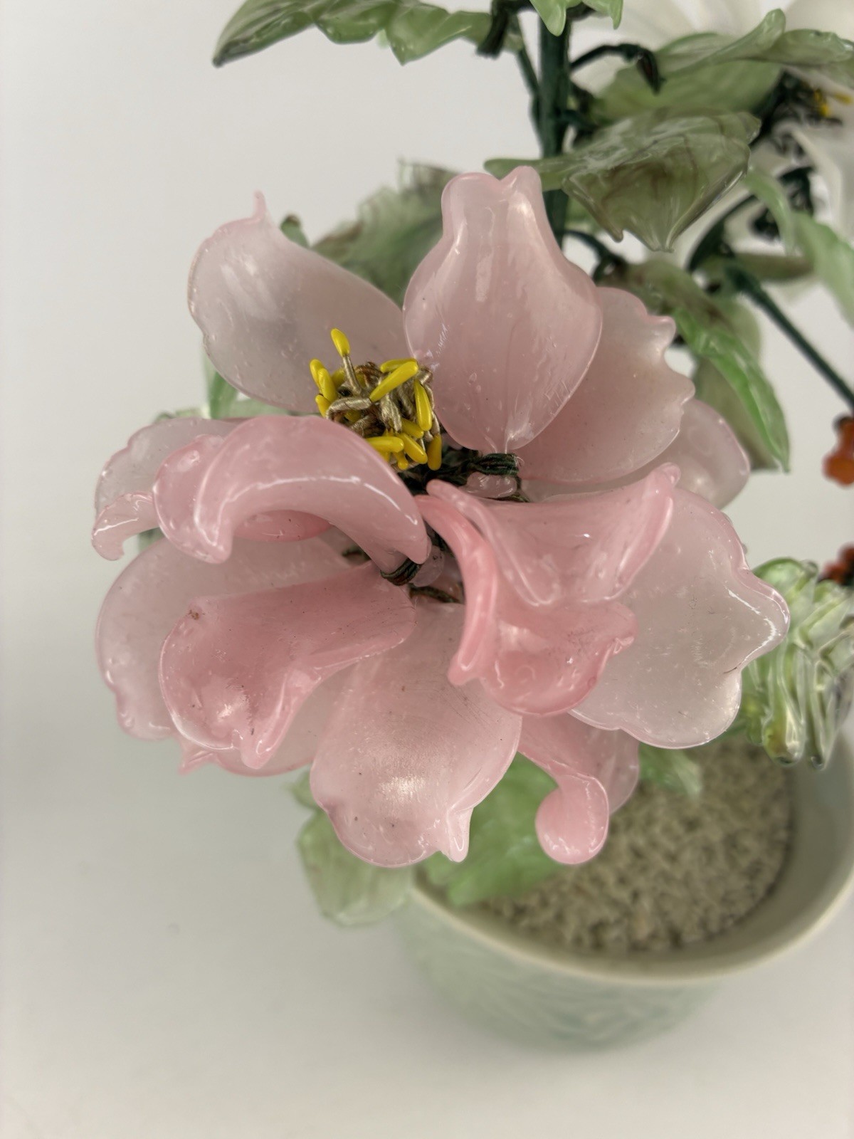 Mid-20th Century Glass Bonsai Flowering Tree ~ Pink & White Flowers 12″