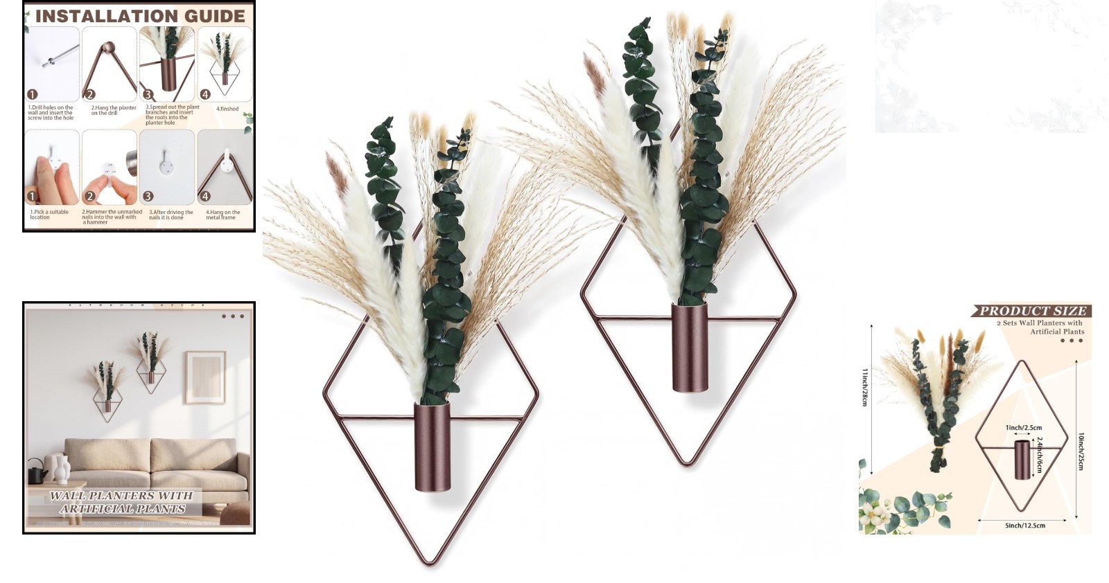 4 Pcs Metal Wall Hanging Planters with Fake Plants Eucalyptus Pampas Grass In…