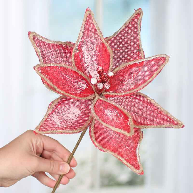 10″ Diam. Burlap and Jute Artificial Poinsettia 19″ Tall Floral Stem