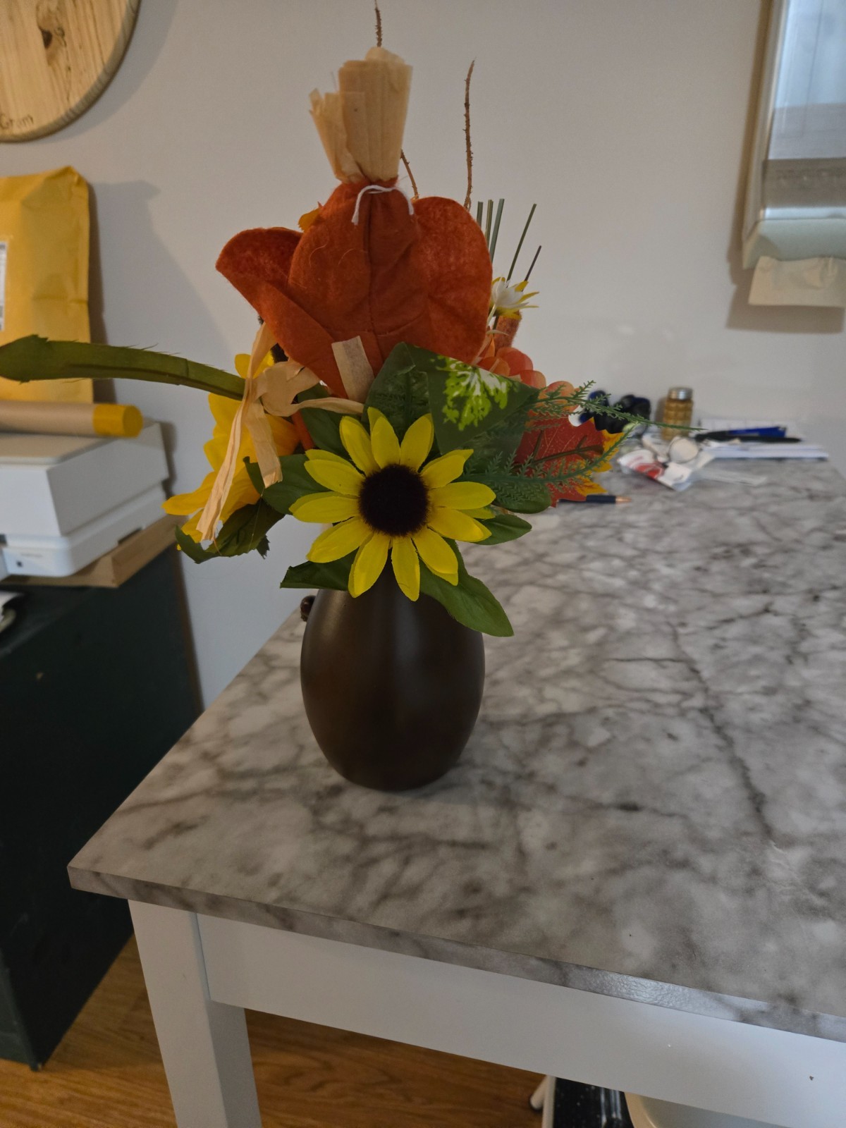 Blooming Autumn Floral Arrangement Fall 8” Glass Vase 4” Artificial Silk New
