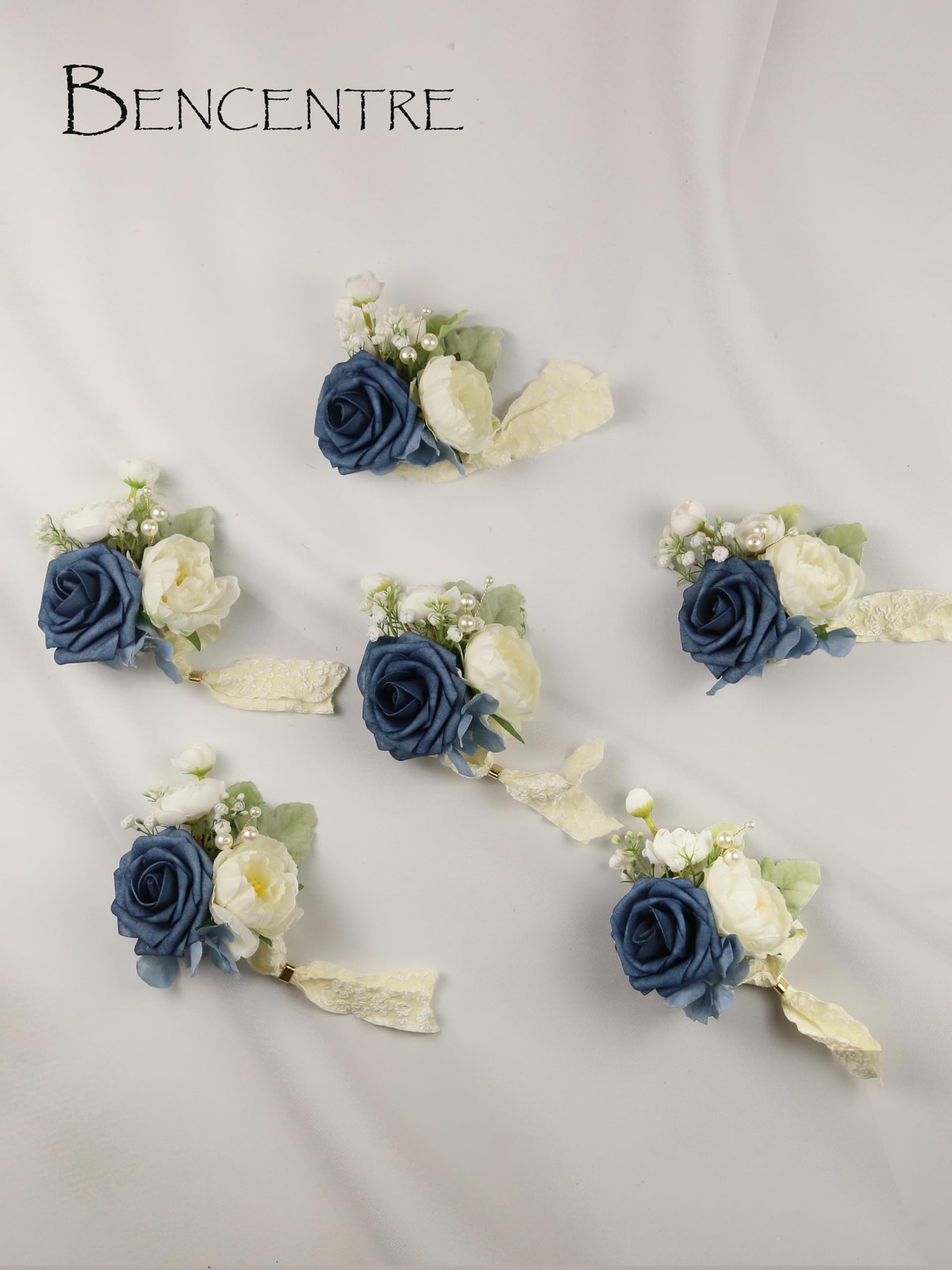 6 PCS Dusty Blue Corsages Wedding Prom Party Hand Flower Decor Wrist Band