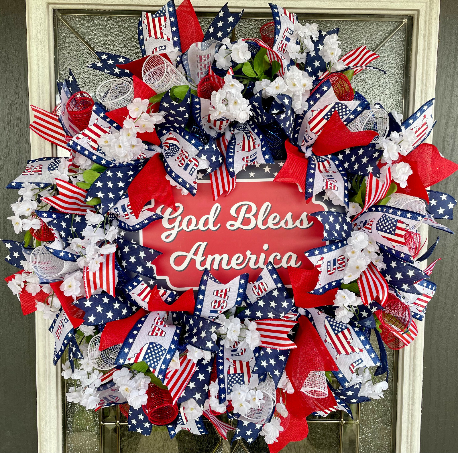 Patriotic USA God Bless America Floral 4th of July Deco Mesh Front Door Wreath