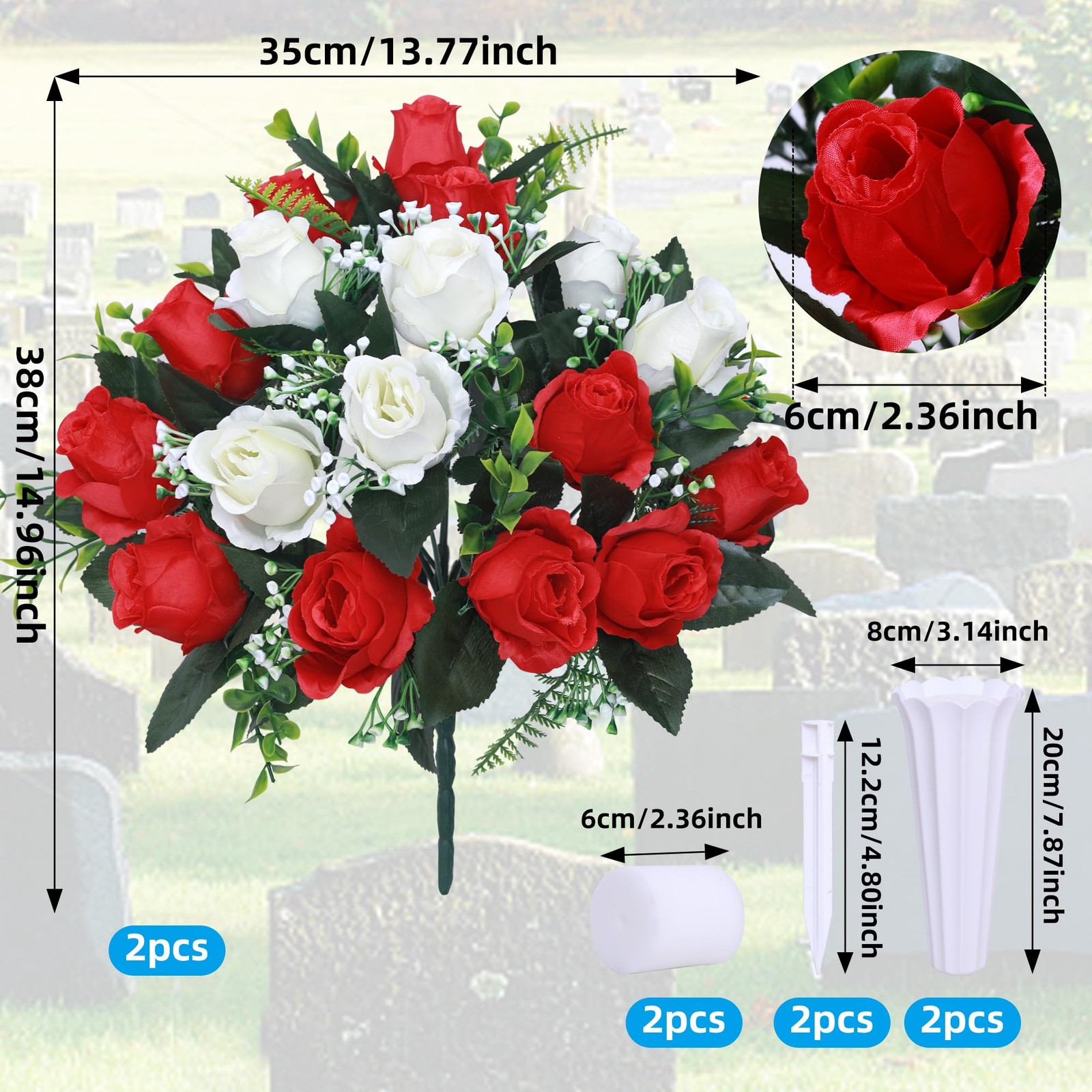Set of 2 Artificial Cemetery Flowers with Vase,Grave Memorial Flowers,Artificial