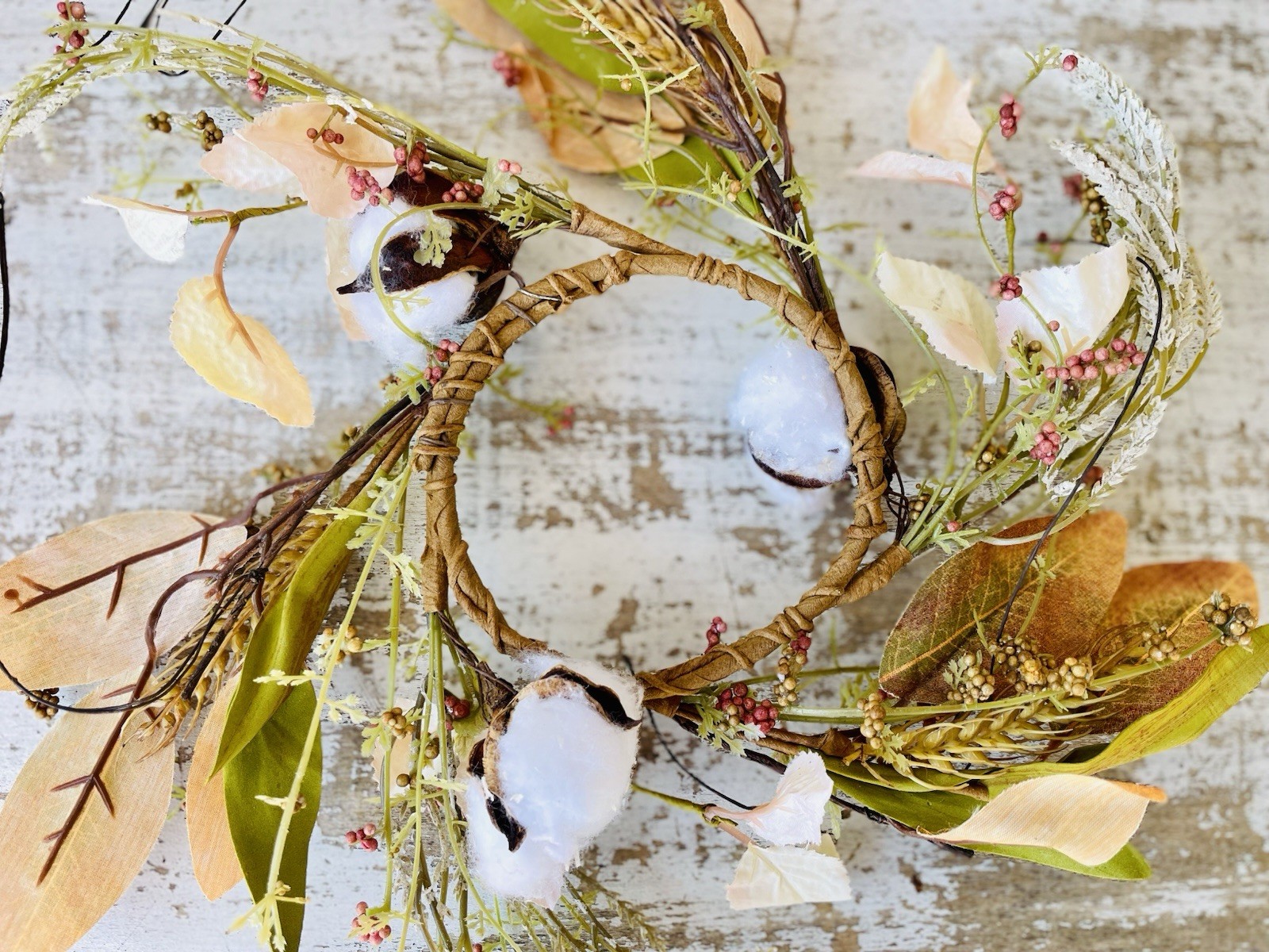 Cotton & Leaves Ring Fall Centerpiece Farmhouse Decor