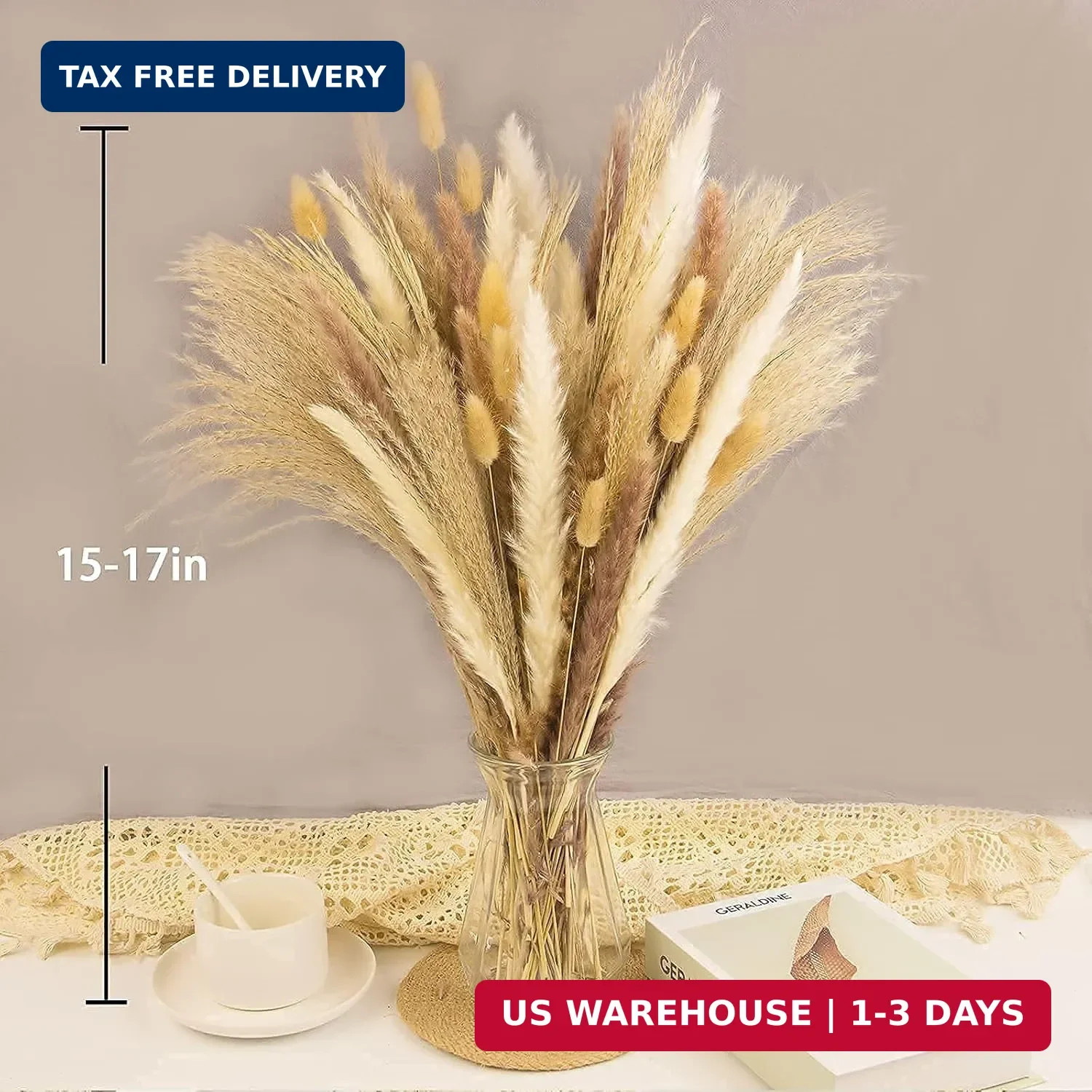 65PCS Pampas Grass Decor, Including pompas Floral, Reed Dried Grass and Bunny Ta