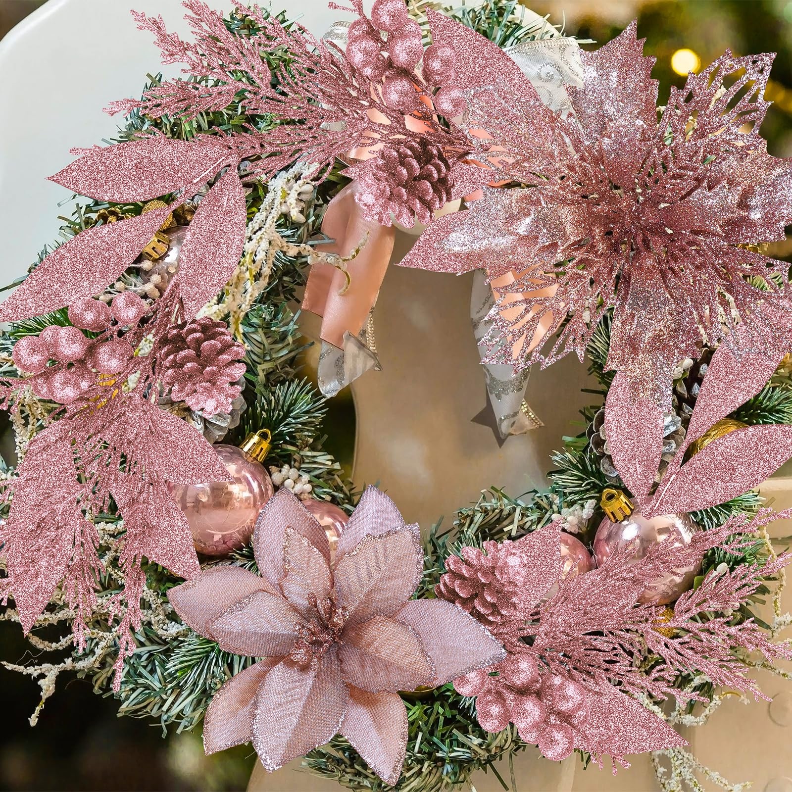 Christmas Artificial Poinsettia Flowers 35 PCS Rose Gold Glitter Floral Picks