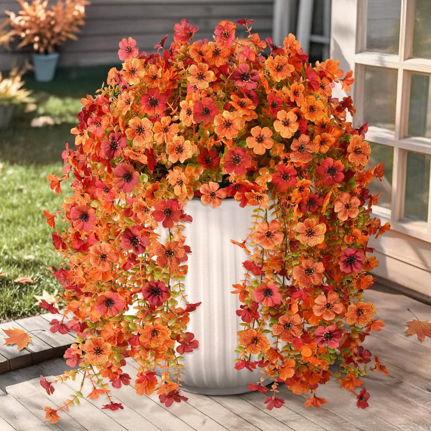 Flores Artificiales Otono 2Piezas Colgantes Exterior Resistentes UV Naranja Rojo