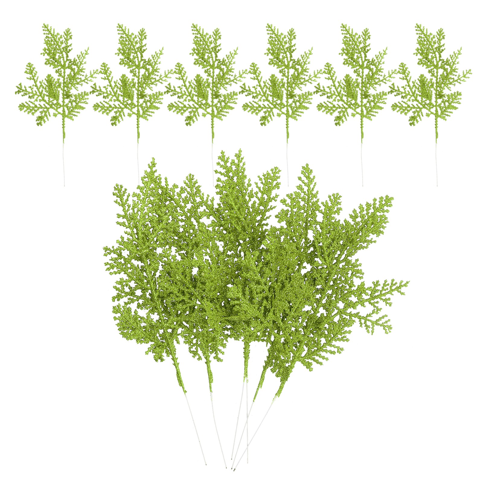 24 Pcs Glitter Artificial Pine Needles, Glitter Pine Stems Light Green