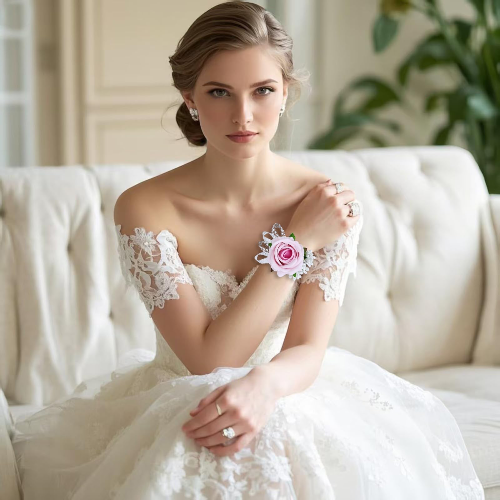 2 PCS Wrist Corsage Wristlet Wedding Prom Artificial Rose Flower Light Pink