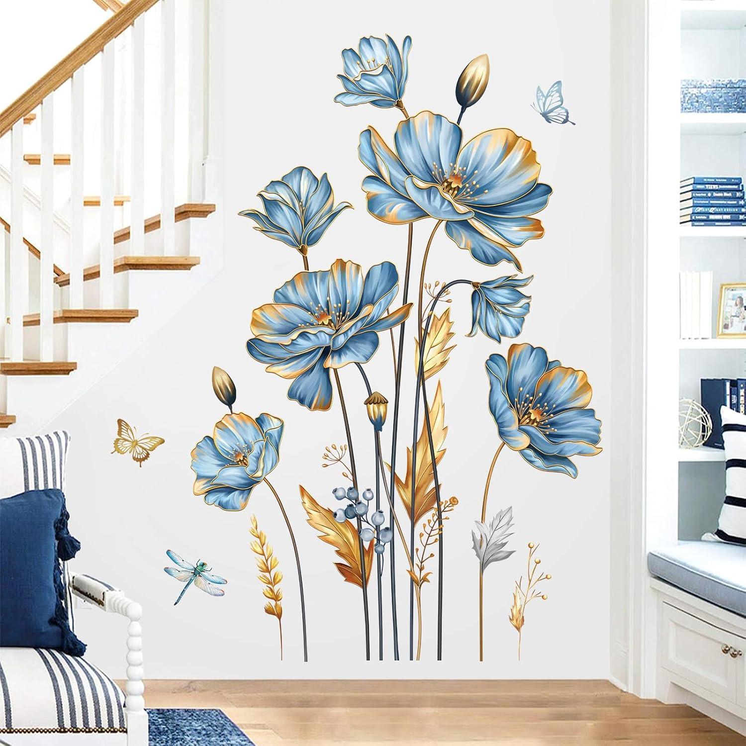 Large Blue Flower Wall Stickers Floral Butterfly Plants Gold Leaves Wall Decals