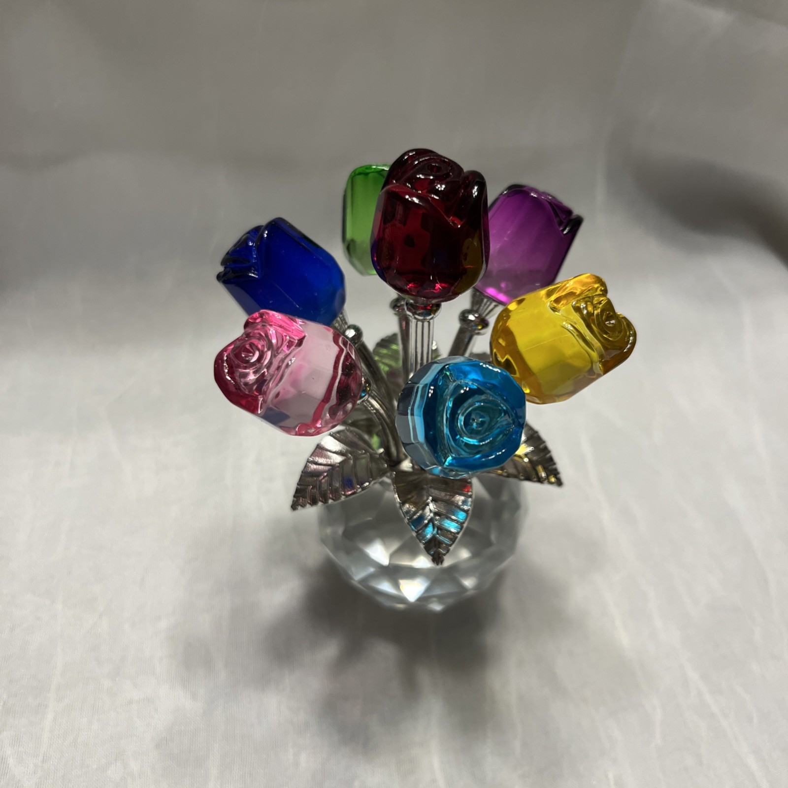 Colorful Rose Flower Crystal Figurines with Vase, Bouquet Flowers Ornament