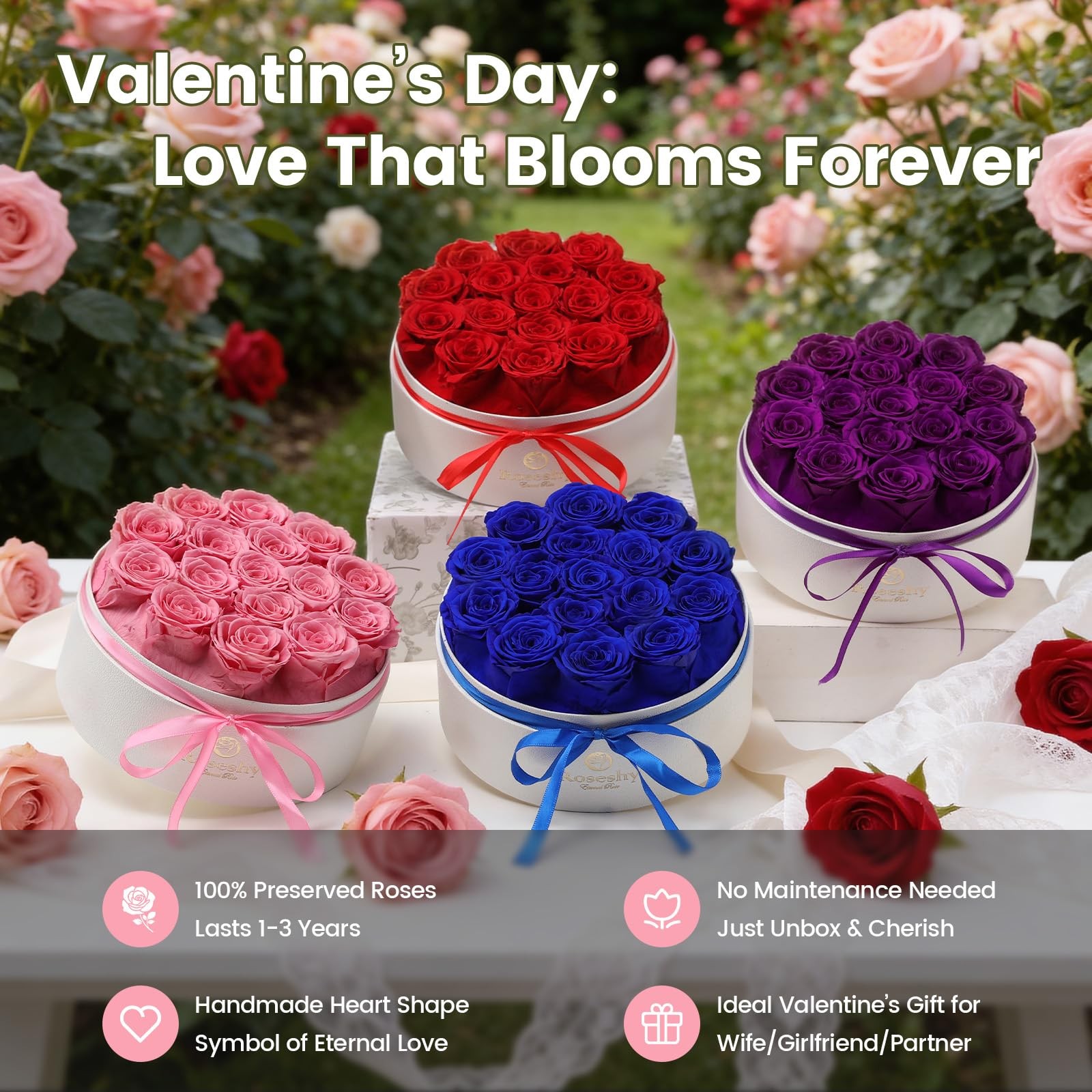 16 PCS Pink Forever Preserved Roses in Round Gift Box Mothers Day Women