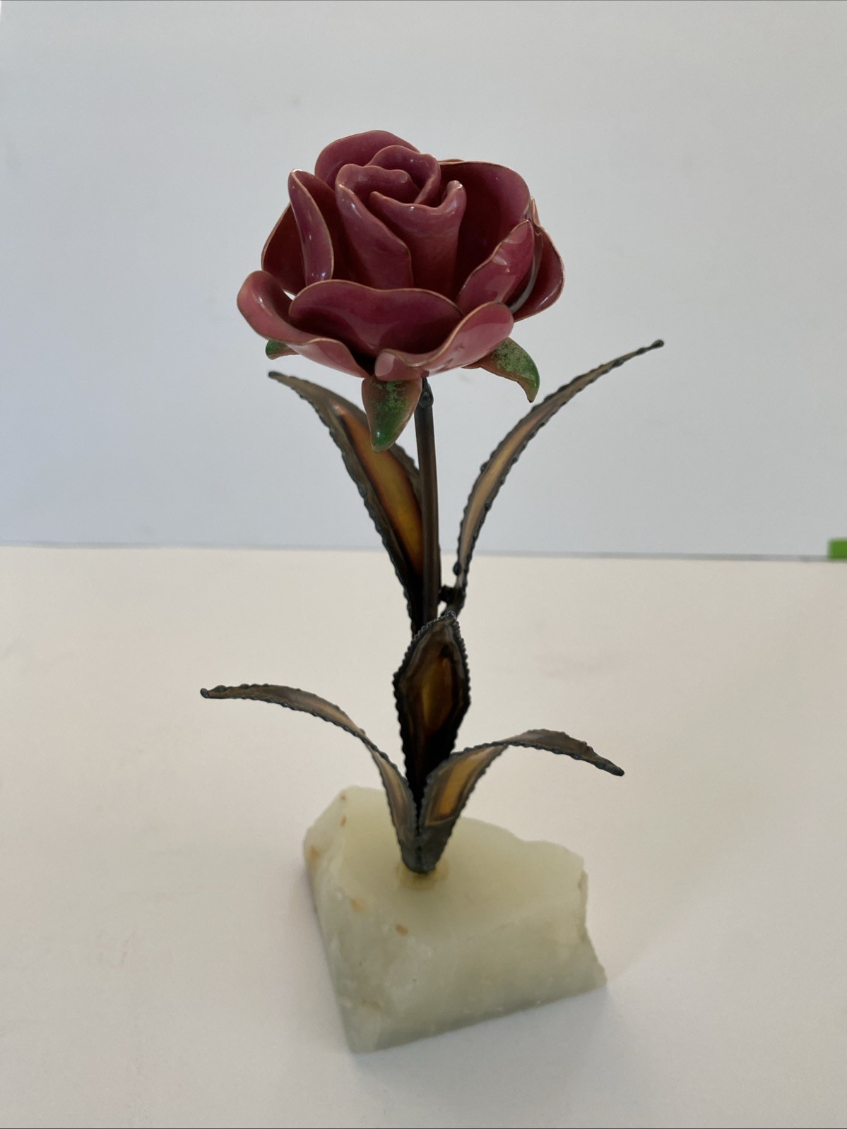 Rose Enamel Copper Flower Mid Modern Metal Art on Stone Onyx