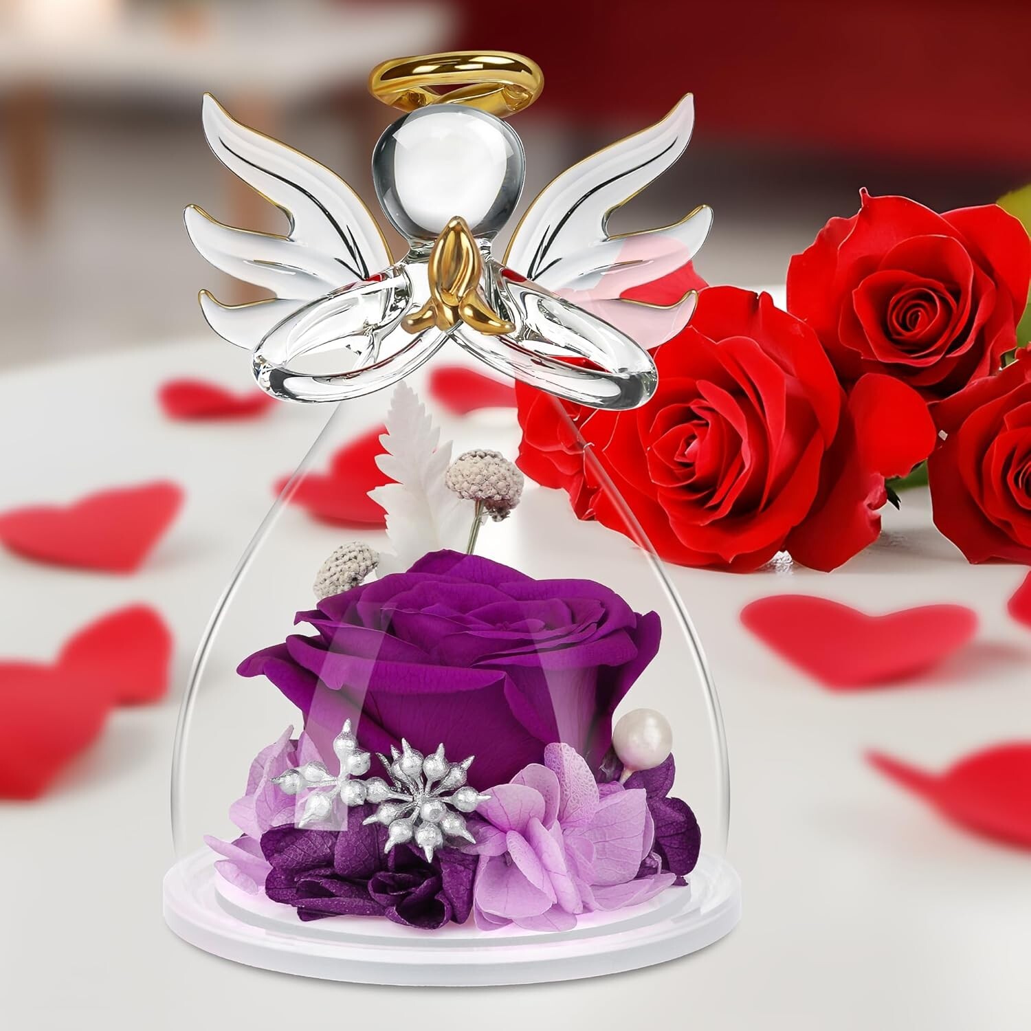 Preserved Flower Rose in Glass Angel Figurines,Mothers Day Rose Gifts for Mom,Bi