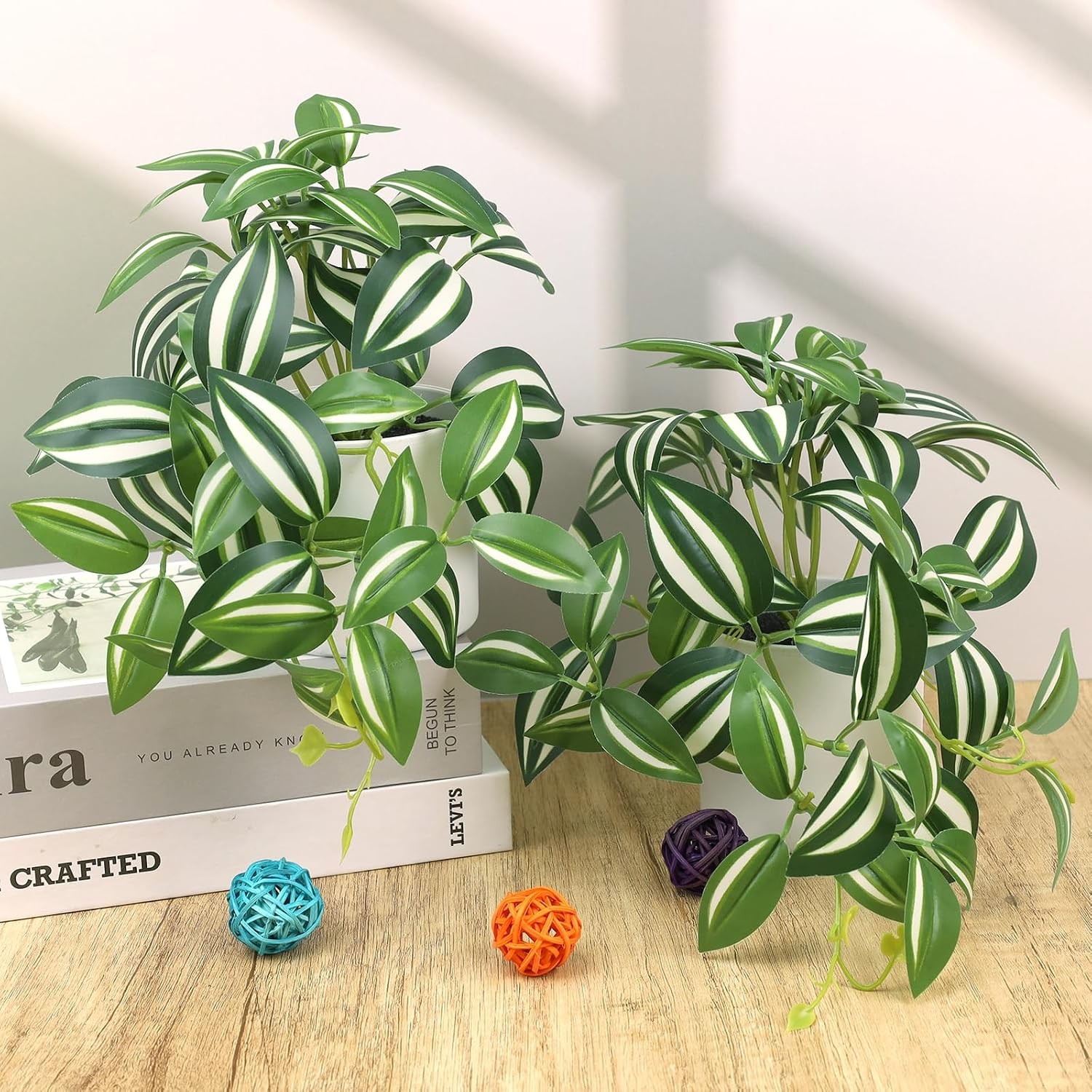 2Pcs Small Fake Plants, Artificial Mini Faux Potted Plant with White Pot,