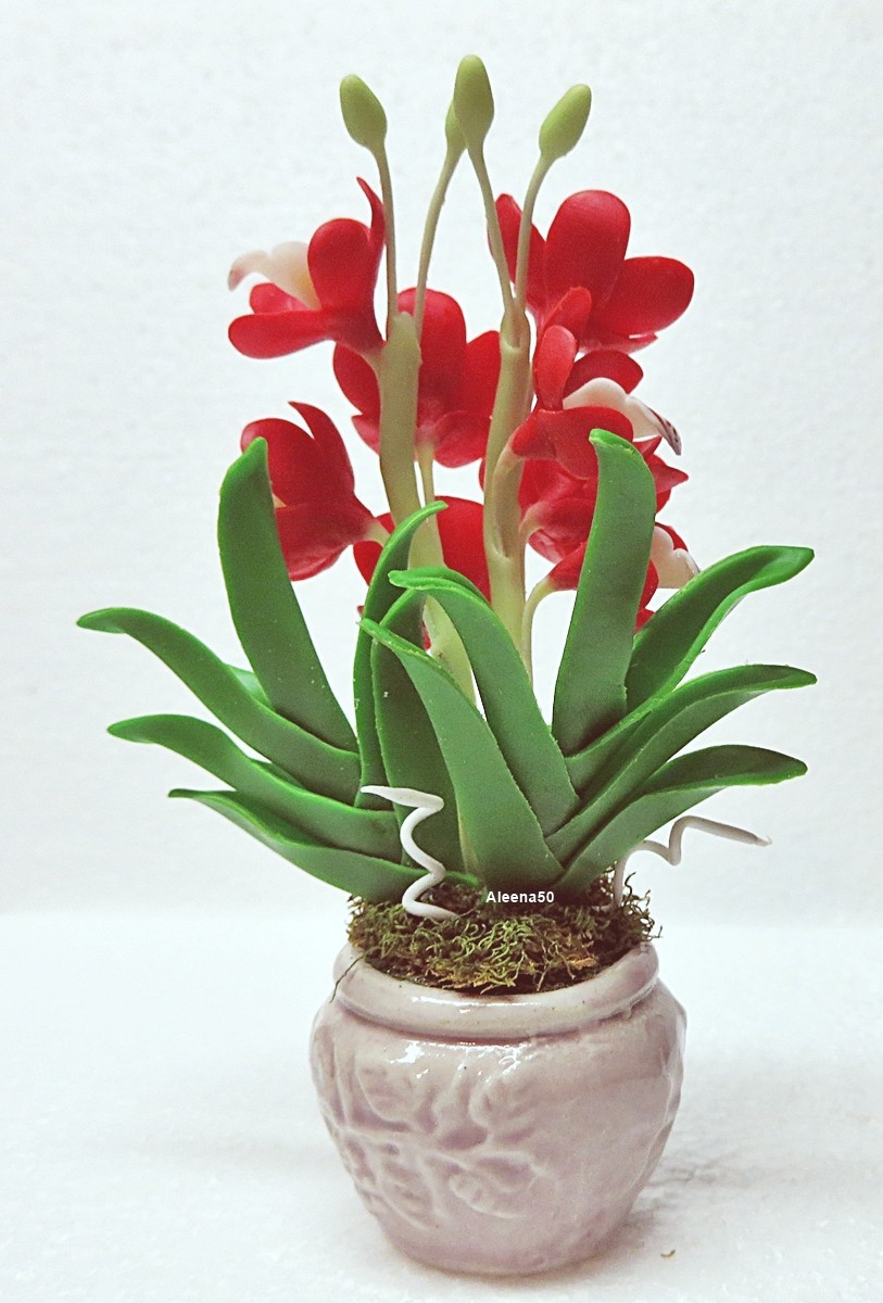 US Stock 4″H Handmade Air-Dry-Clay-Crafted Cymbidium Orchid Arranged in Pot