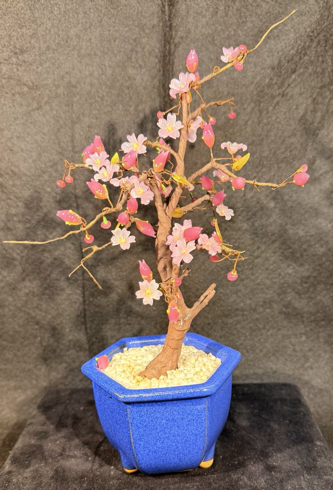 Bonsai Tree handcrafted Glass Flowers Leaves Artificial Plant