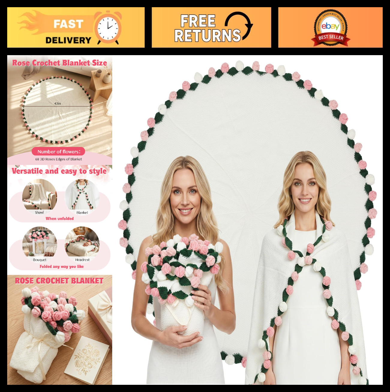 43-Inch Hand-Crocheted Rose Flower Bouquet Blanket – Romantic Gift for Home Deco