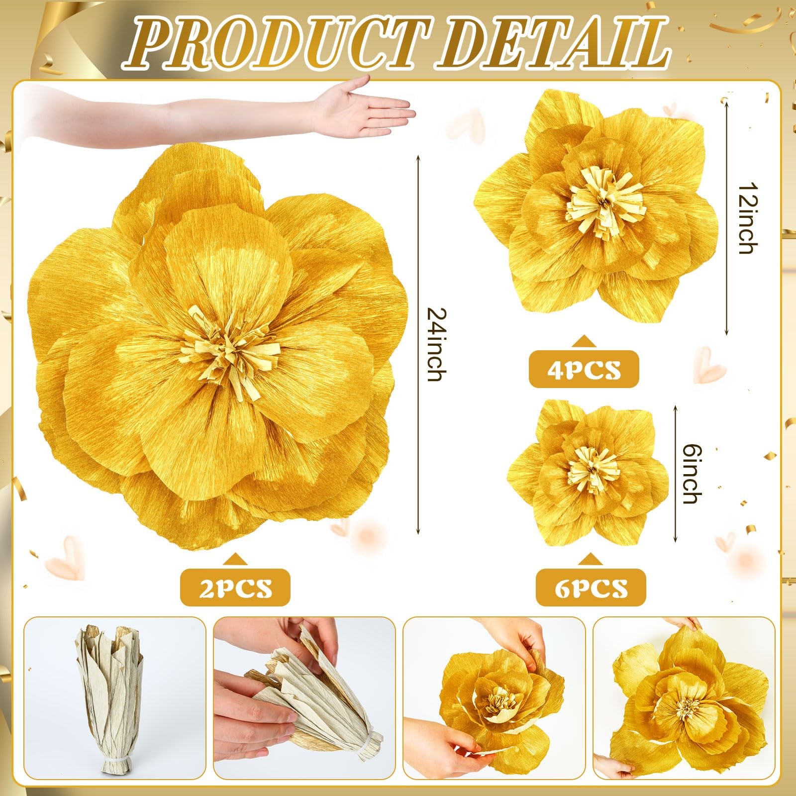 12 PCS Giant Artificial Paper Flowers Large Gold Floral Wall Backdrop Decor