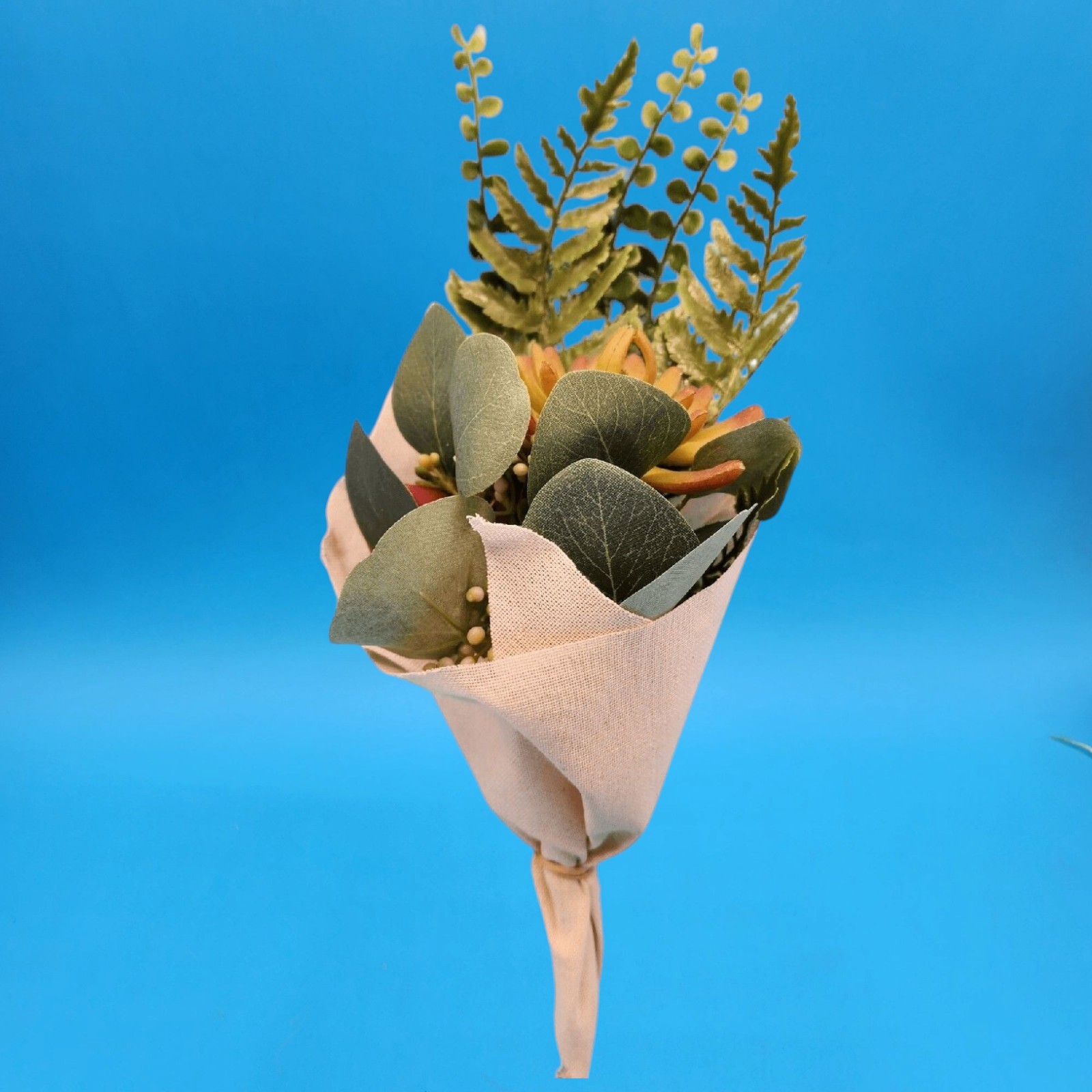 Artificial Green & Red Succulent Floral Bouquet Berry Eucalyptus Cloth Wrapped