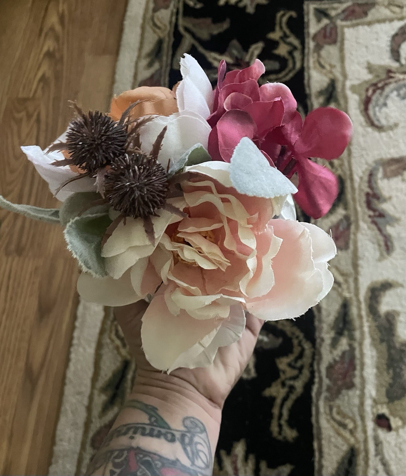 Artificial Peony Flower Arrangement Pink White Peach Ceramic Pot