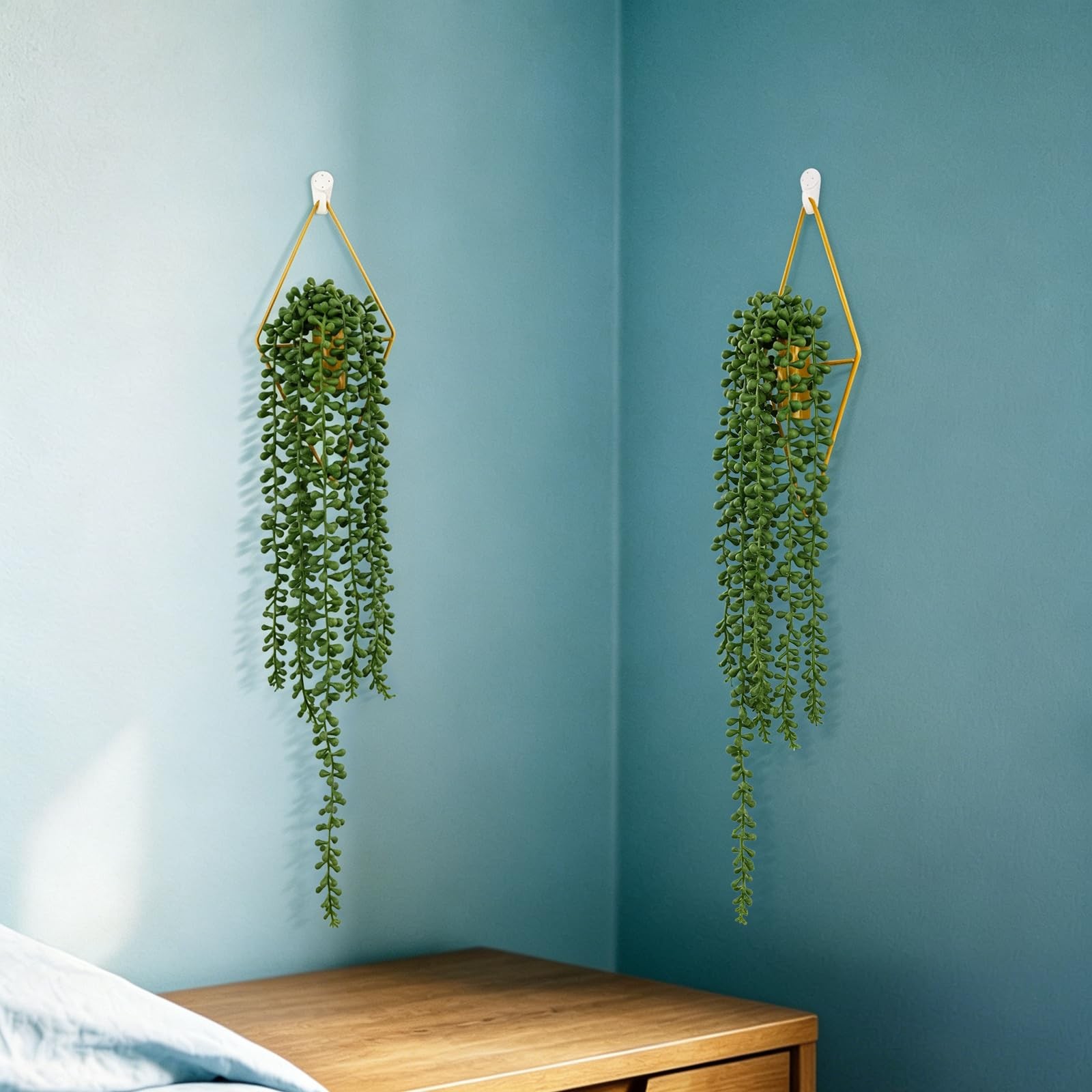 Artificial Hanging Plants with Geometric Metal Wall Planter, Faux String of P…
