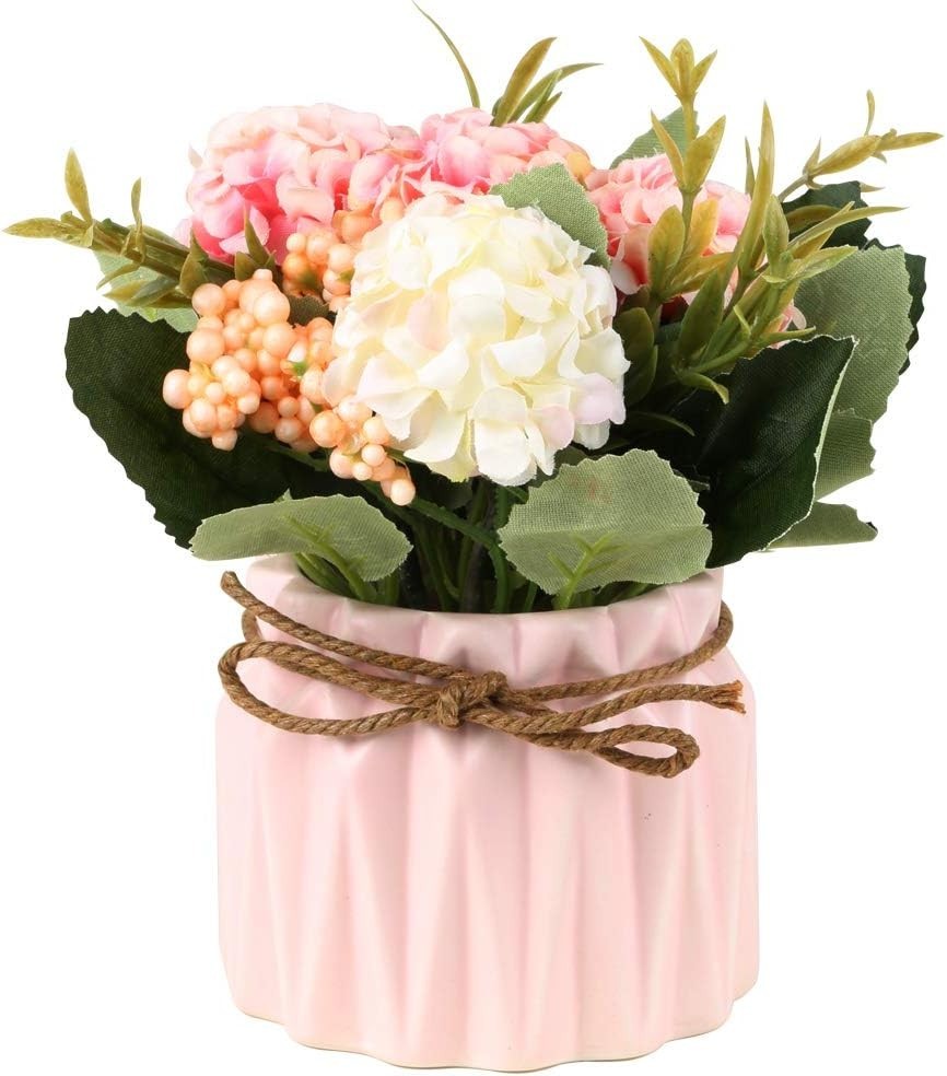 Artificial Hydrangea Bouquet with Small Ceramic Vase Fake Silk Variety Flower…
