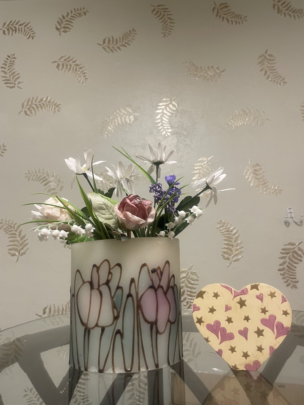 2-Piece Pretty Silk Flower in Wax Vase w/Nice Painted Wooden Heart