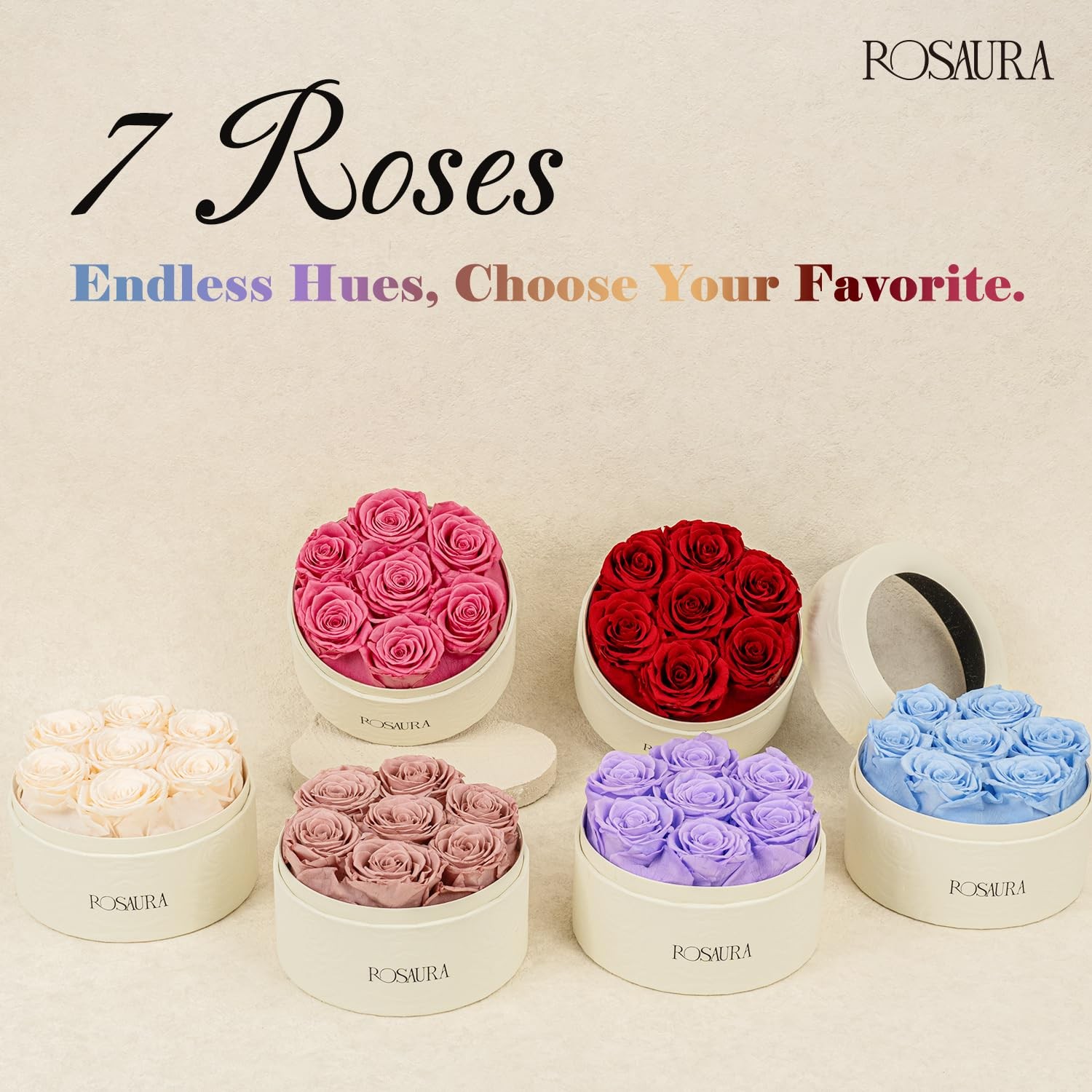 Preserved Roses Gift Box Real Forever Flowers Round Case Pink 7 PCS Rose