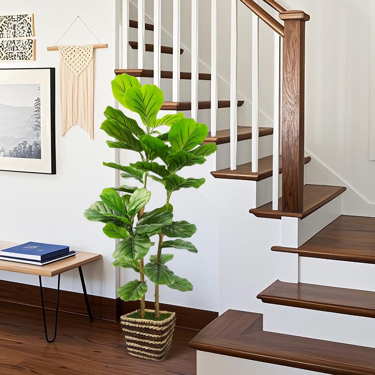 48 Inch Artificial Fiddle Leaf Fig Tree Indoor with Woven Basket – 4ft Tall F…