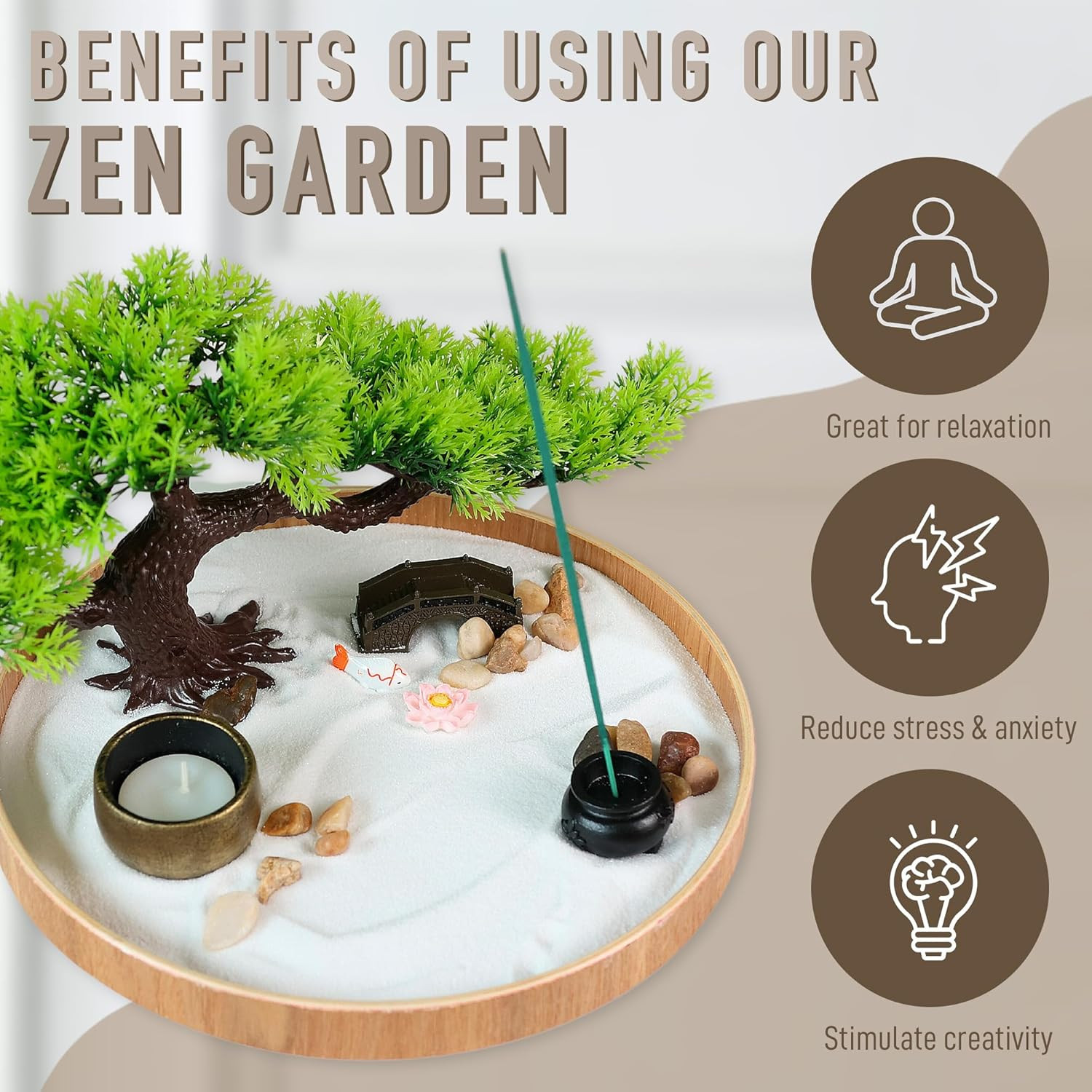 Japanese Zen Garden for Desk – Zen Garden Sand Kit, Artificial Bonsai