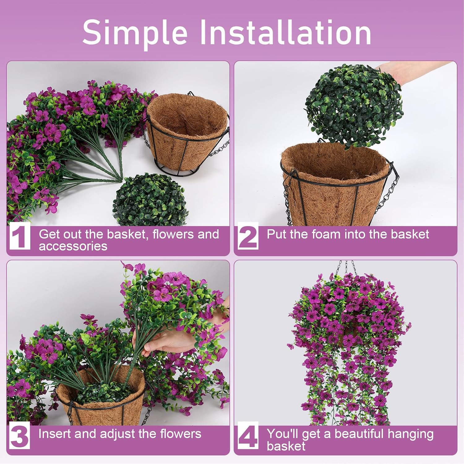 Faux Hanging Violet Flower Baskets with Eucalyptus for Outdoor Decor – 2 Set