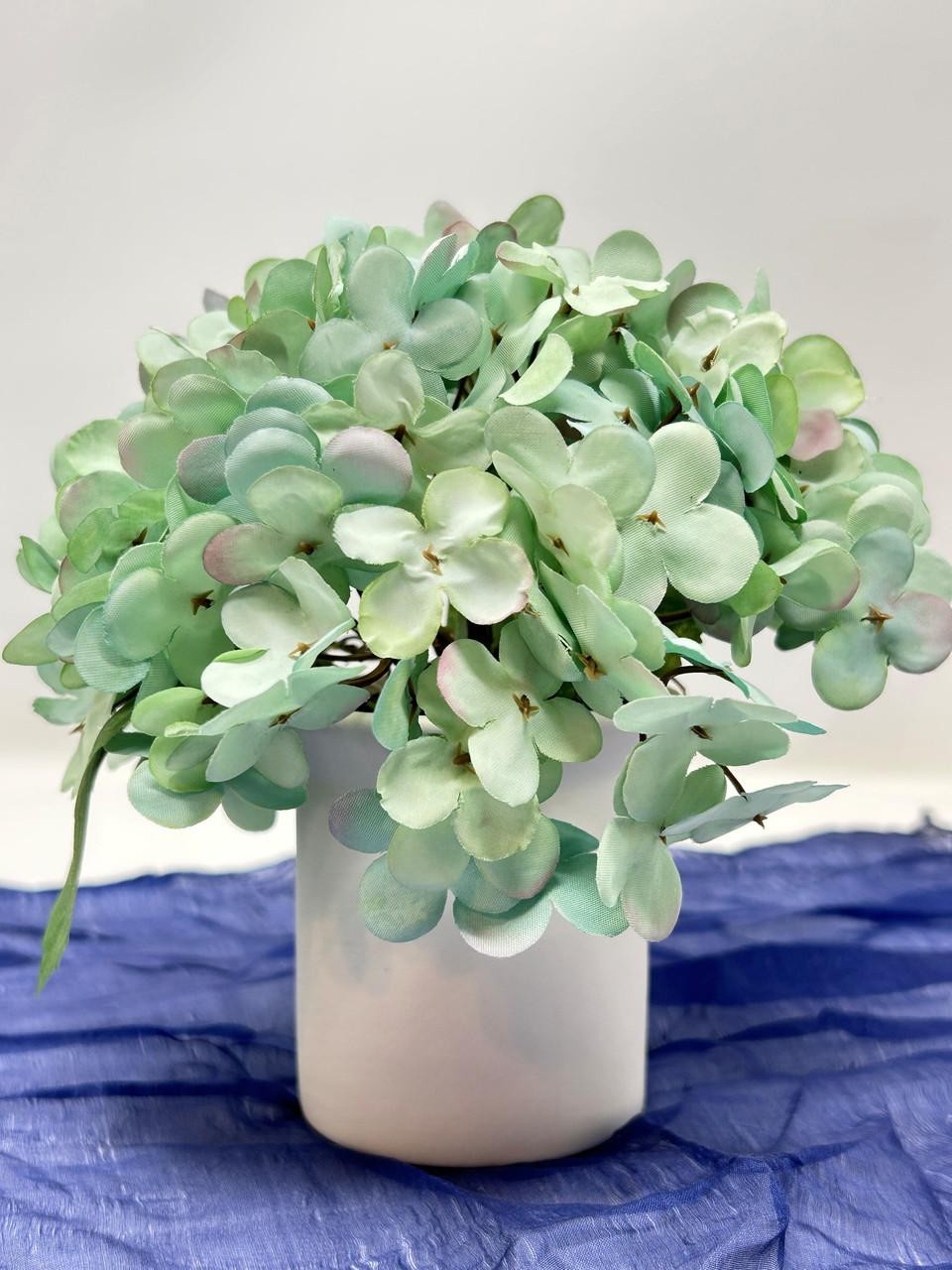 6.5″ Artificial BLUE-GREEN HYDRANGEA faux Silk flower, smooth matte ceramic pot