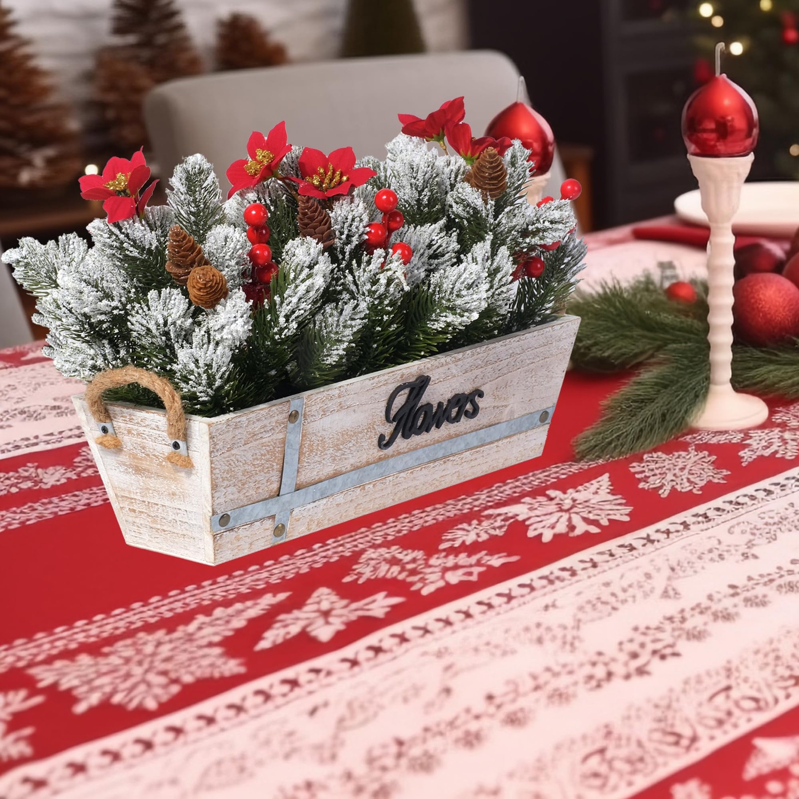 Artificial Christmas Centerpiece with Snowy Norfolk Pine Garland, Poinsettias…