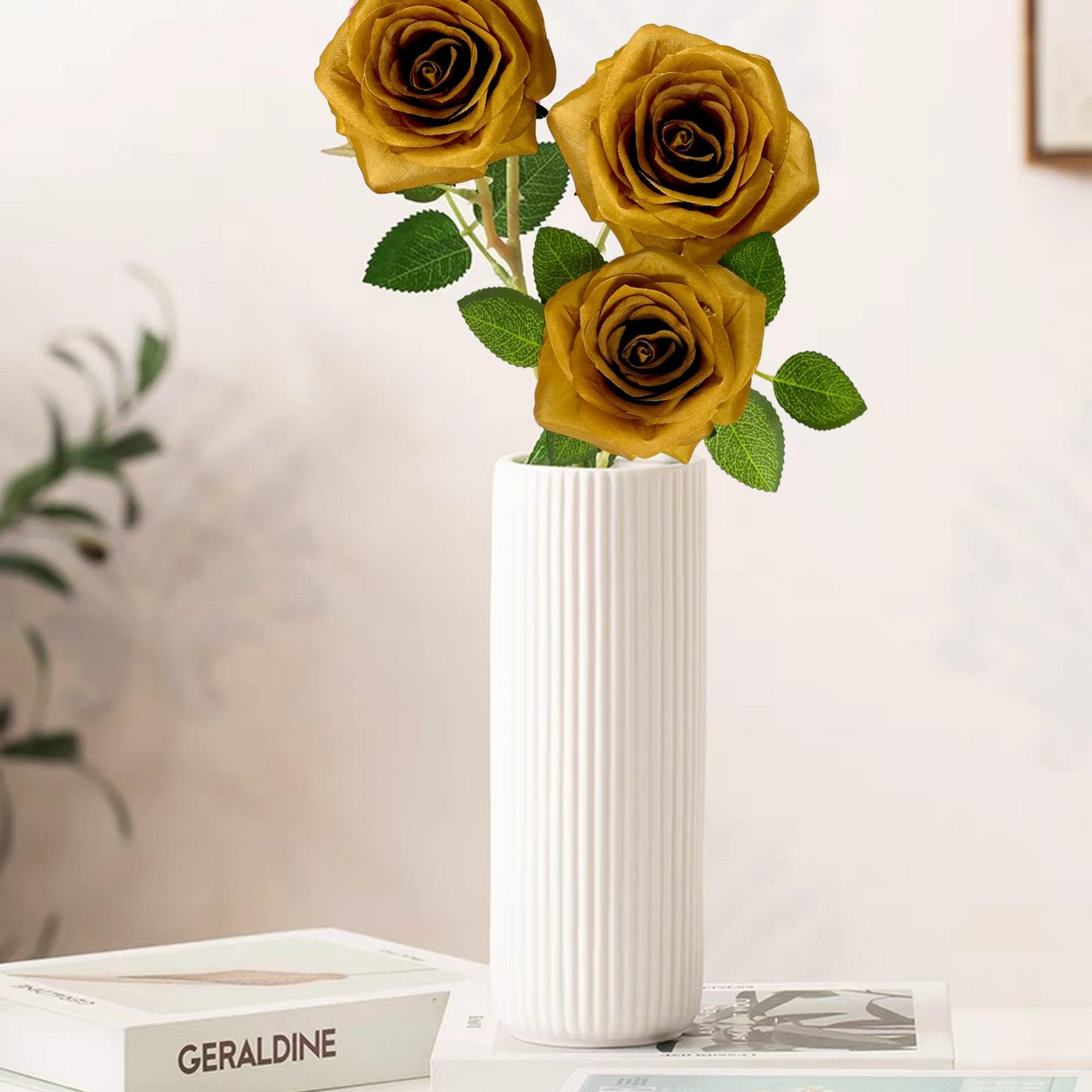 25PCS Artificial Flowers Silk Rose, Gold Sparrow Real Touch Fake Rose with St…