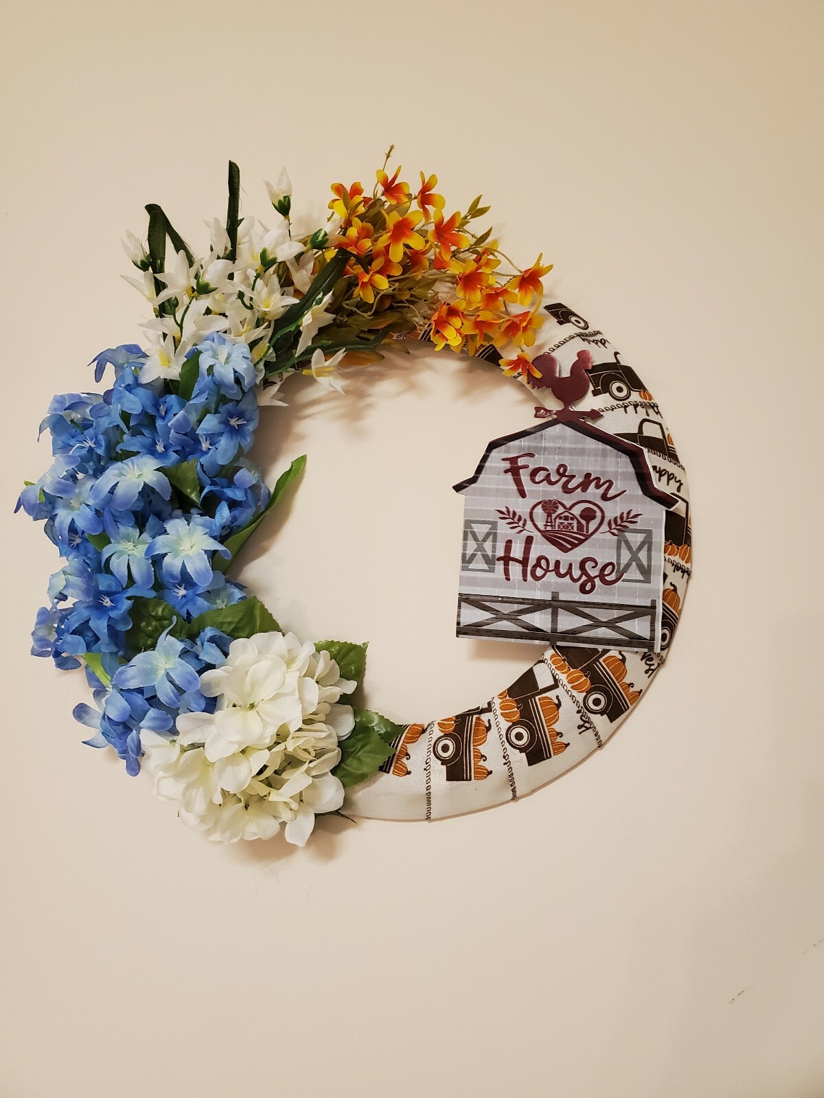 FARMHOUSE wreath Hydrangeas Hyacinth Heart burlap FALL spring SUMMER Front Door