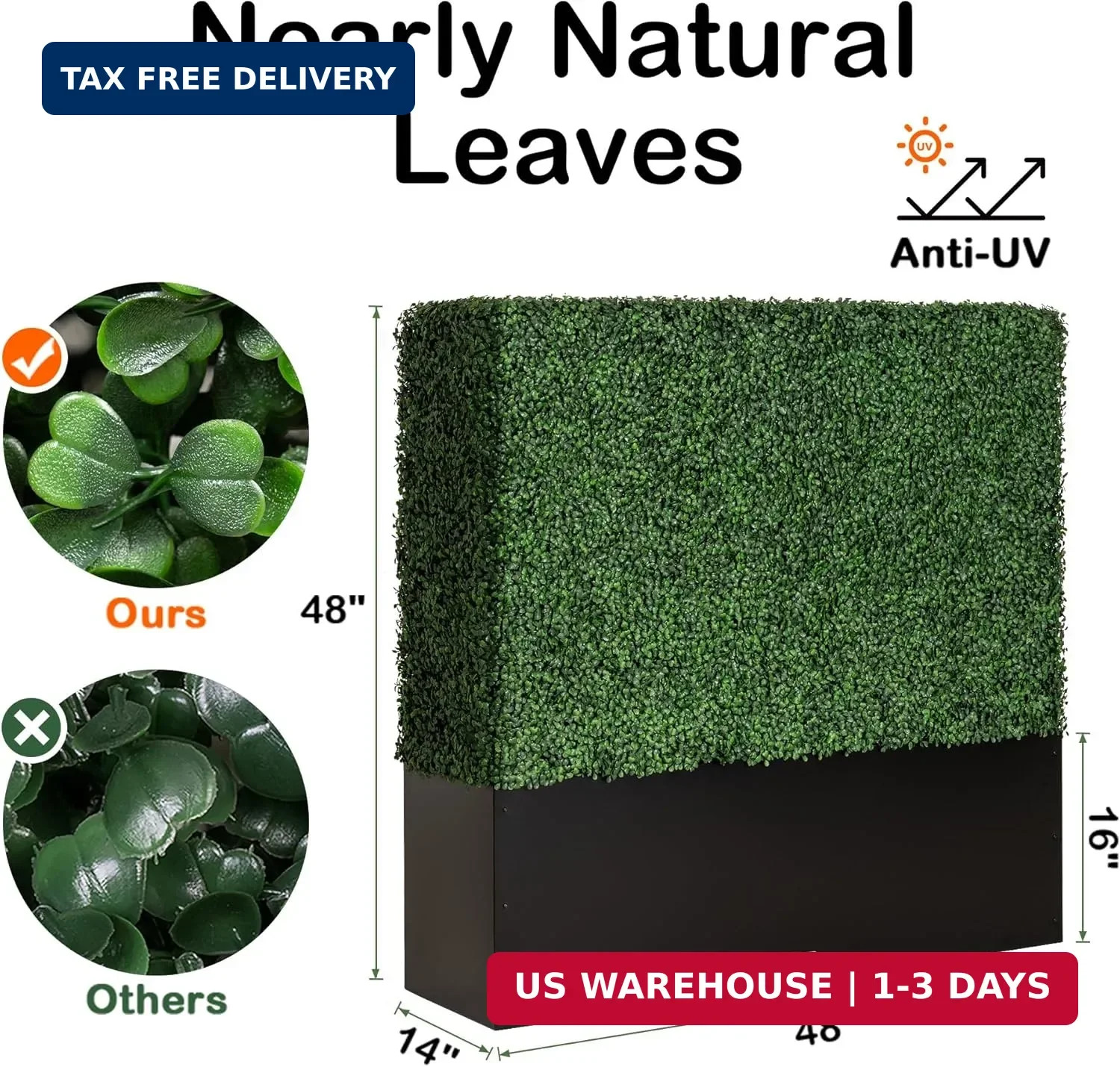 Artificial Boxwood Hedge Wall with Black Steel Planter Box | 48W X 48H X 14D in,